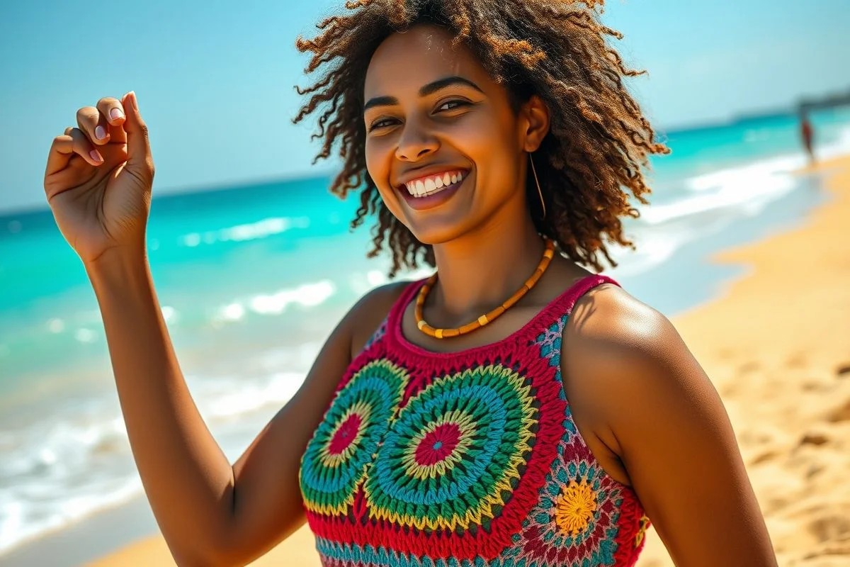 Mulher brasileira sorrindo na praia com top de crochê colorido.