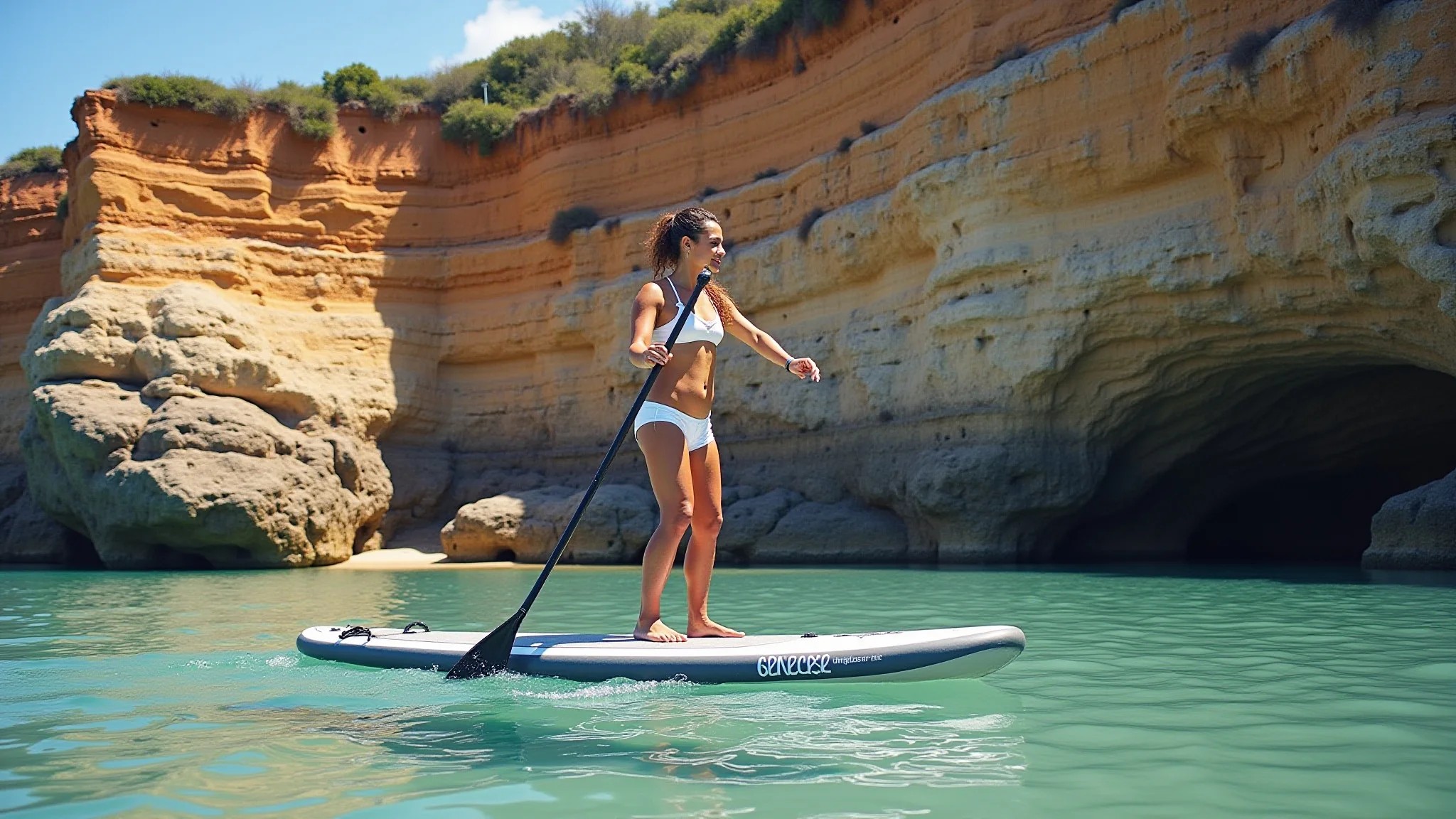 Mulher praticando stand-up paddle na Praia da Pipa, Rio Grande do Norte. Falésias coloridas e água cristalina.