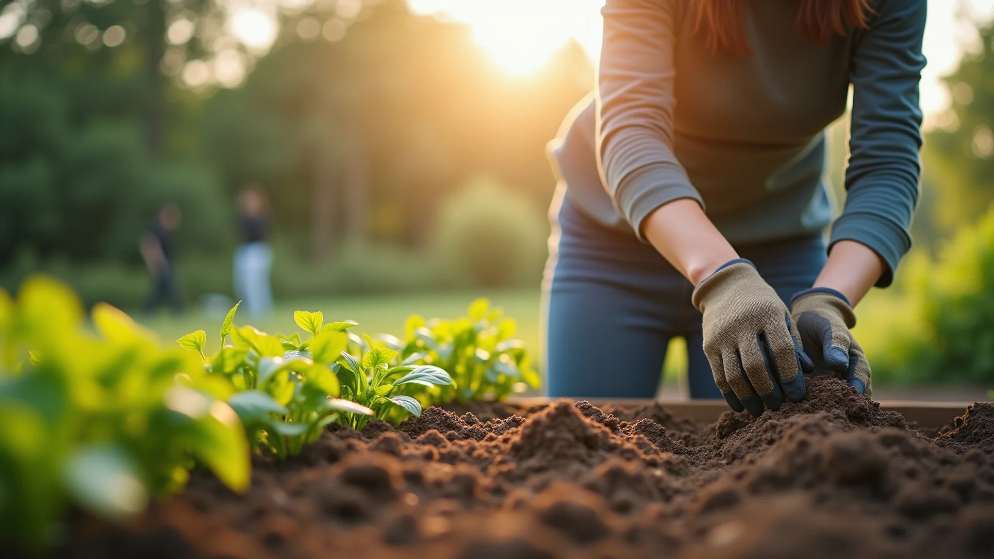 Mulher preparando o solo para uma horta orgânica, usando luvas e com plantas verdes ao redor.