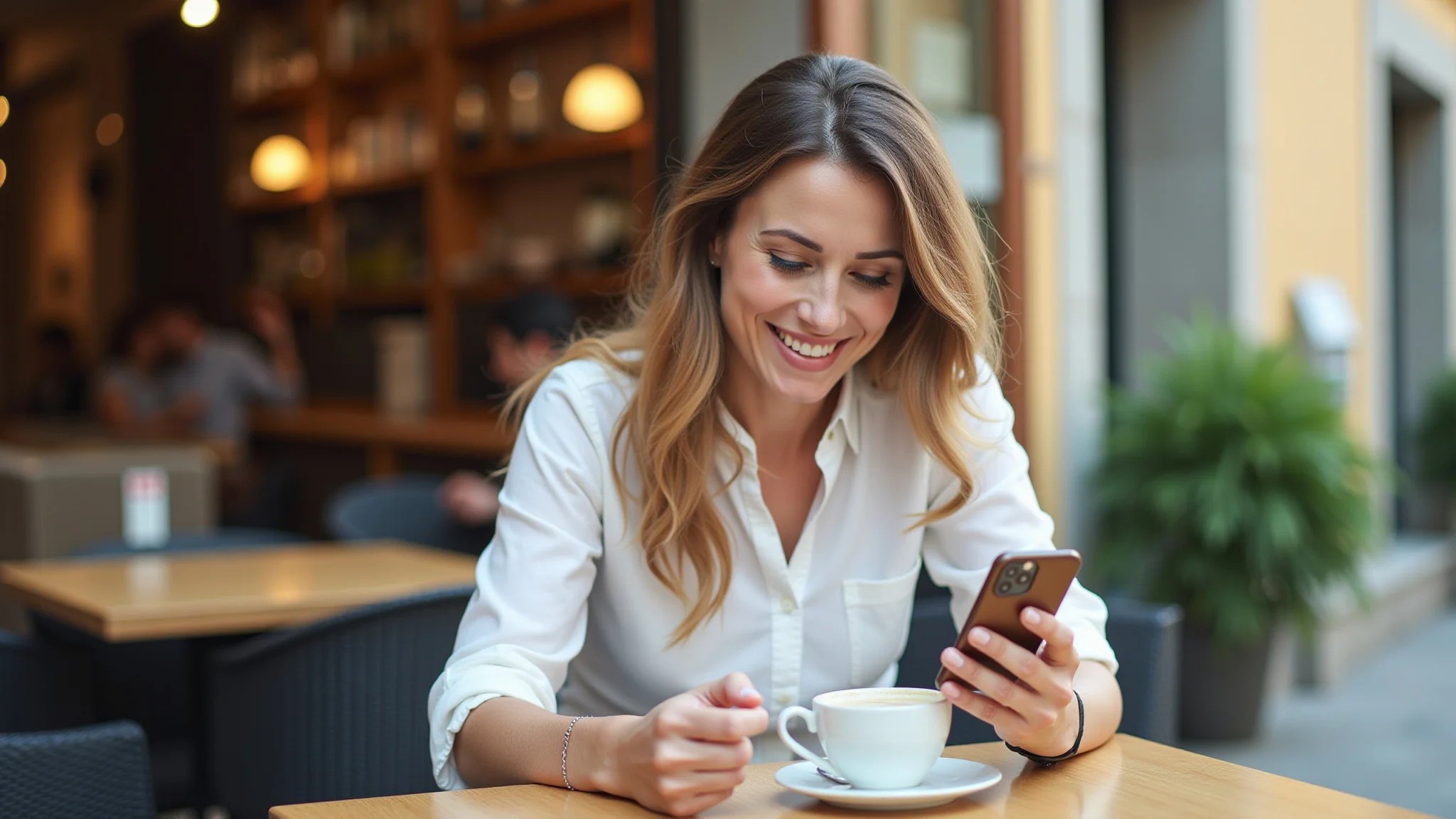 Mulher usando app de tradução em café na Itália durante viagem internacional.