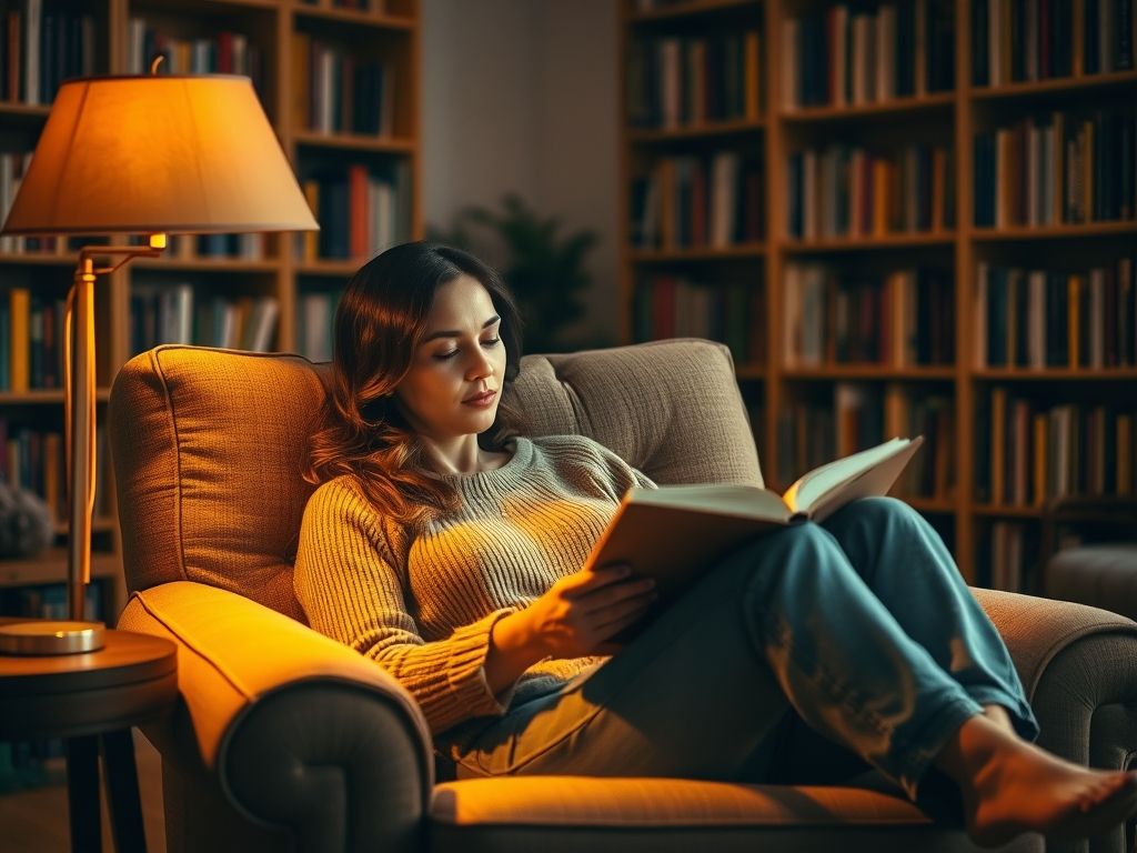 Uma mulher relaxando em uma poltrona, absorta na leitura de um livro em um ambiente aconchegante.