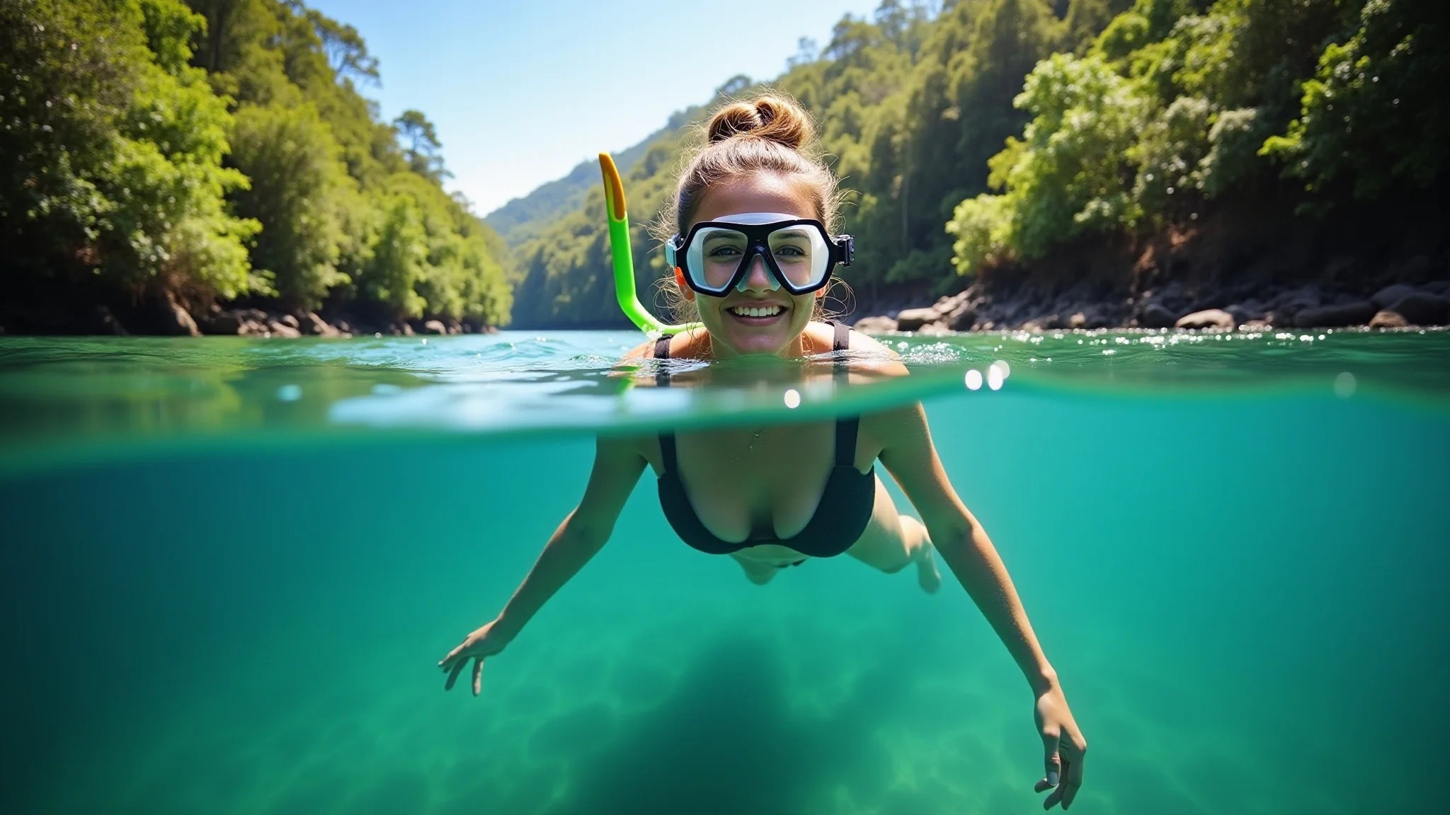Mulher fazendo snorkeling no Rio Sucuri em Bonito, Brasil, com águas cristalinas.