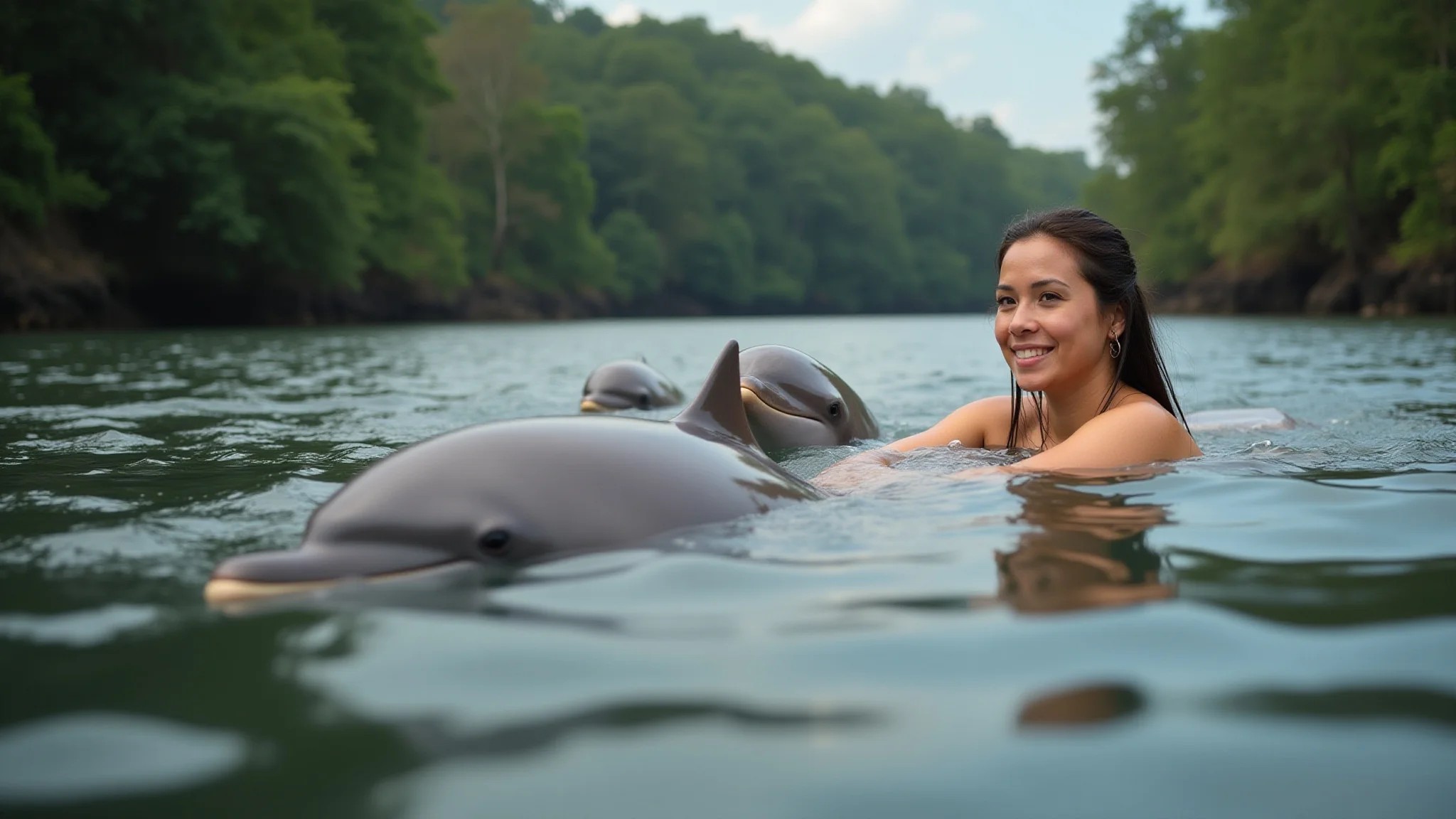 Mulher nadando com botos cor-de-rosa no Rio Amazonas, experiência mágica.