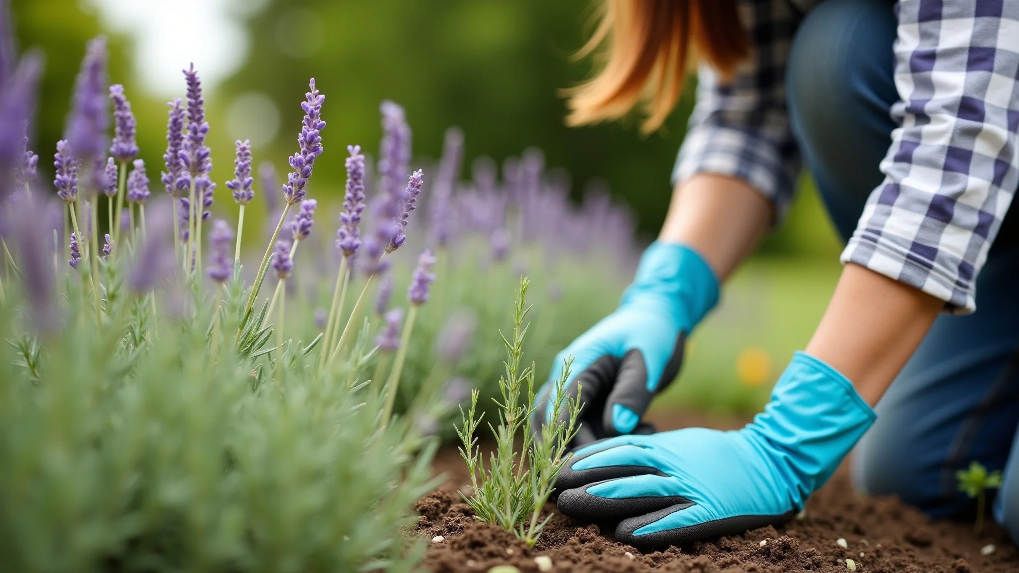 Mulher cuidando de jardim com lavanda e alecrim.