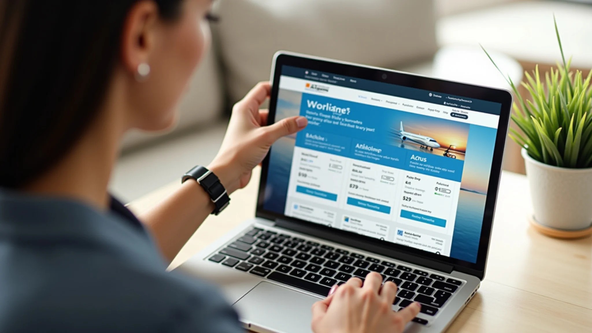 Mulher comparando preços de passagens aéreas em um laptop, buscando ofertas.