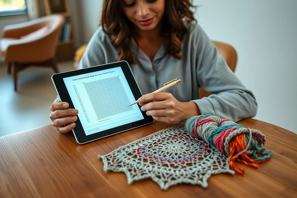 Mulher brasileira usando tablet para ler gráfico de crochê durante projeto.