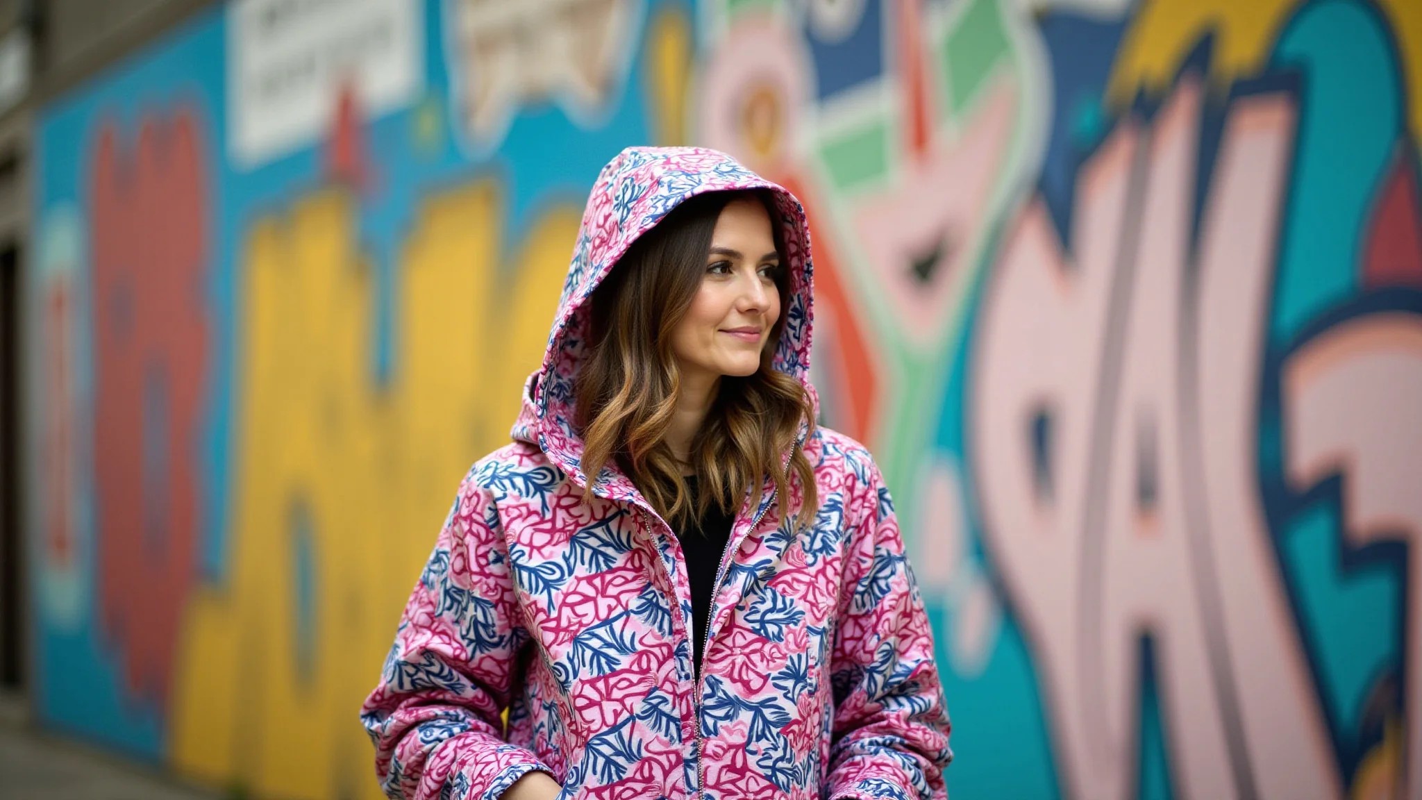 Mulher com capa de chuva florida em frente a um muro grafitado e colorido em São Paulo.