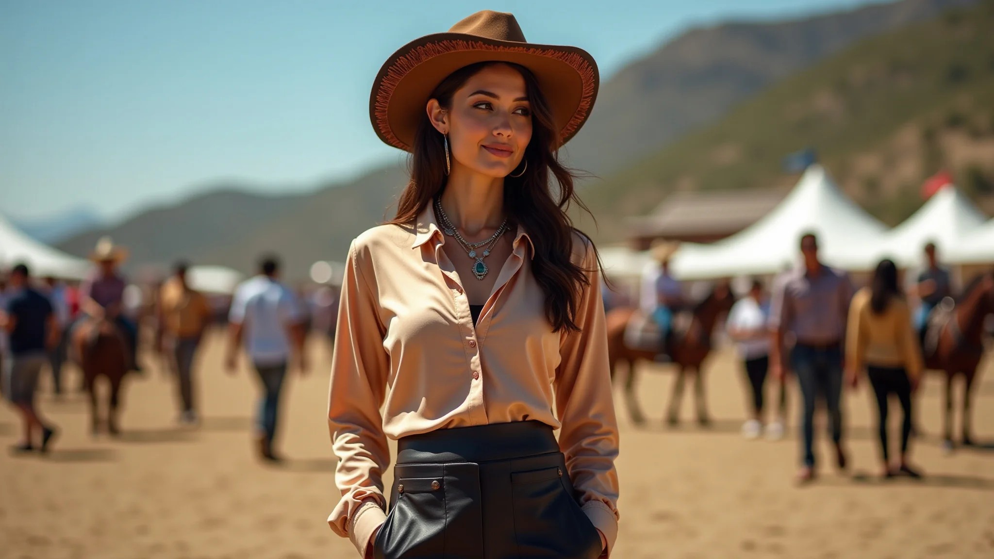 Mulher com saia de couro e chapéu estiloso em show sertanejo.