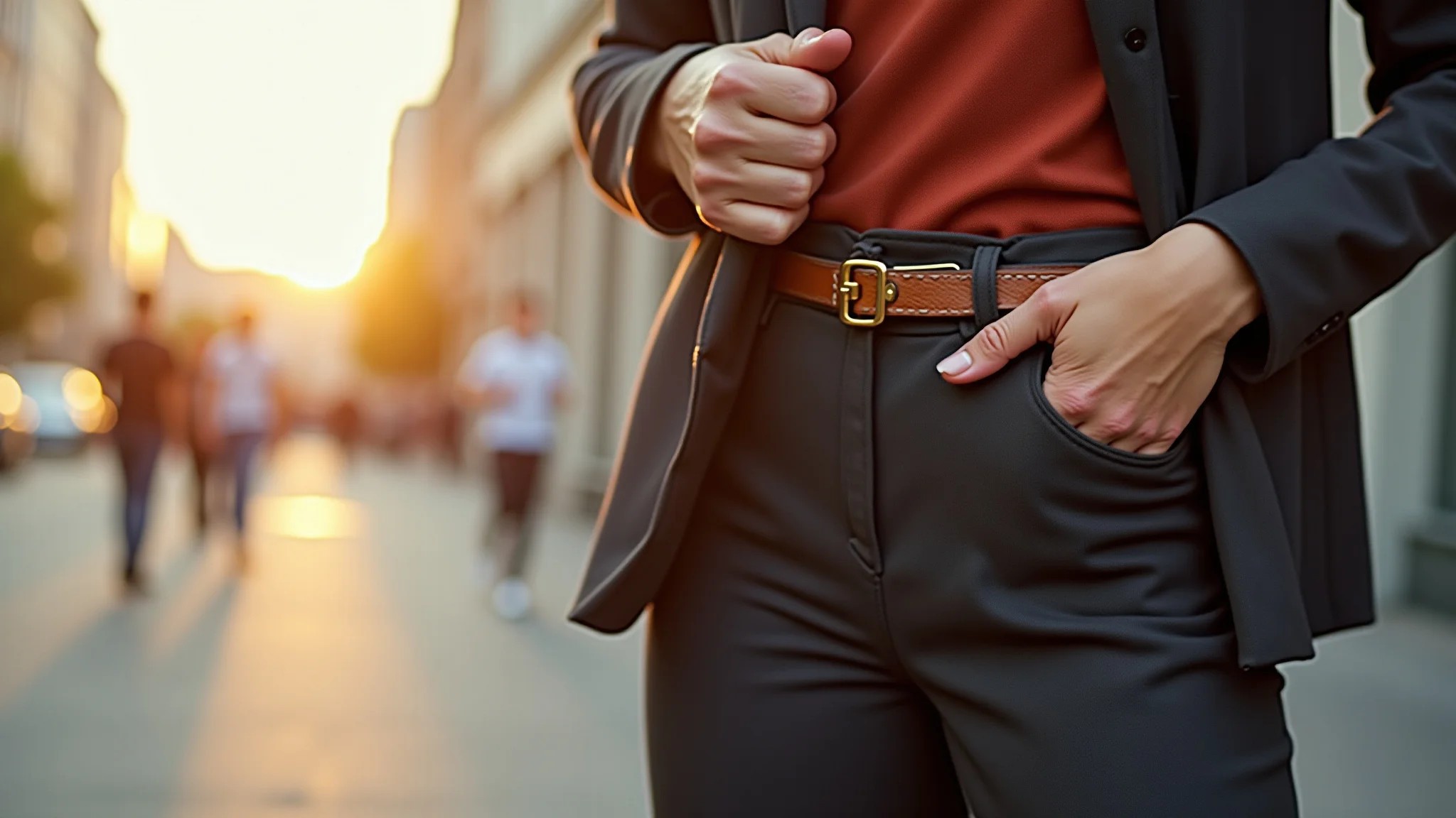Mulher usando cinto moderno sobre blazer, definindo a silhueta com elegância em cenário urbano.