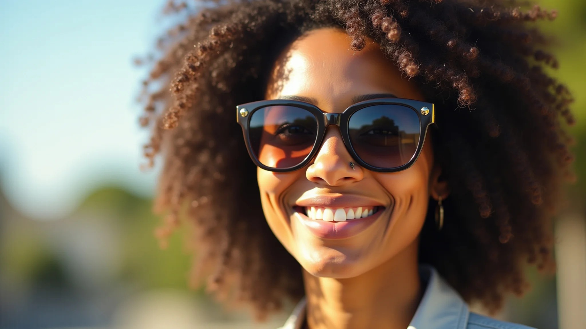 Mulher confiante usando óculos de sol estilosos, com um sorriso radiante sob a luz do sol.