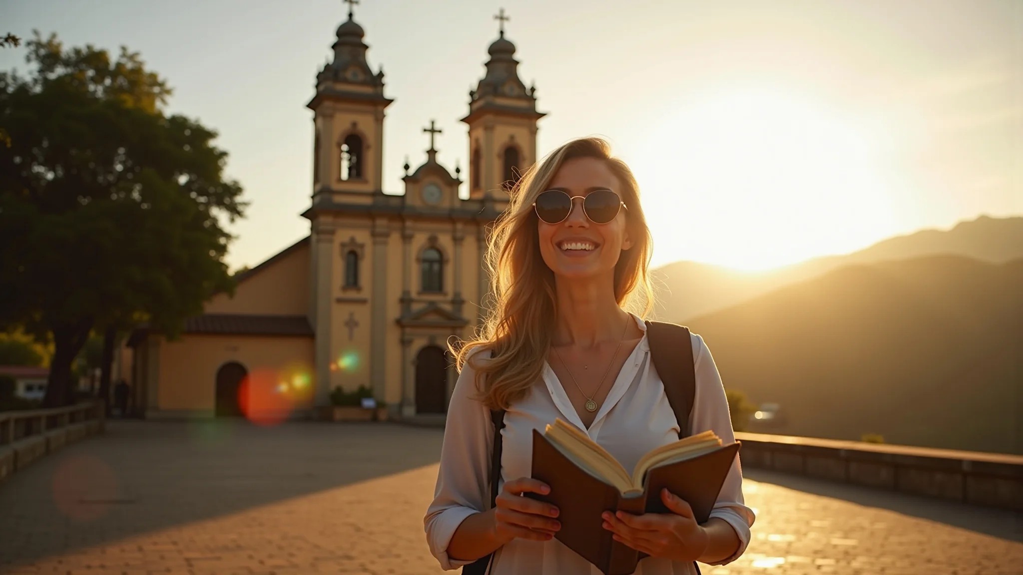 Mulher admirando igreja barroca em Ouro Preto, Minas Gerais, com diário de viagem na mão.