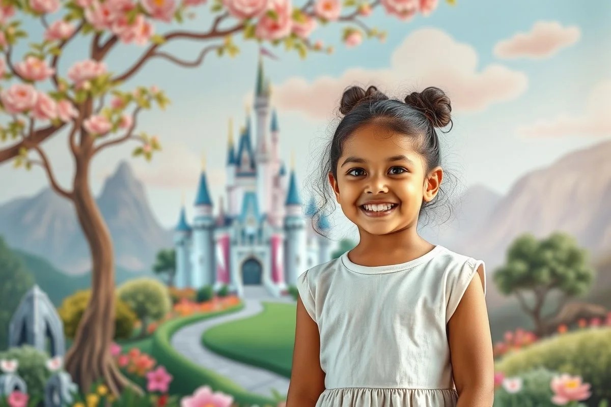 Menina brasileira sorrindo em frente a papel de parede de conto de fadas com castelo.
