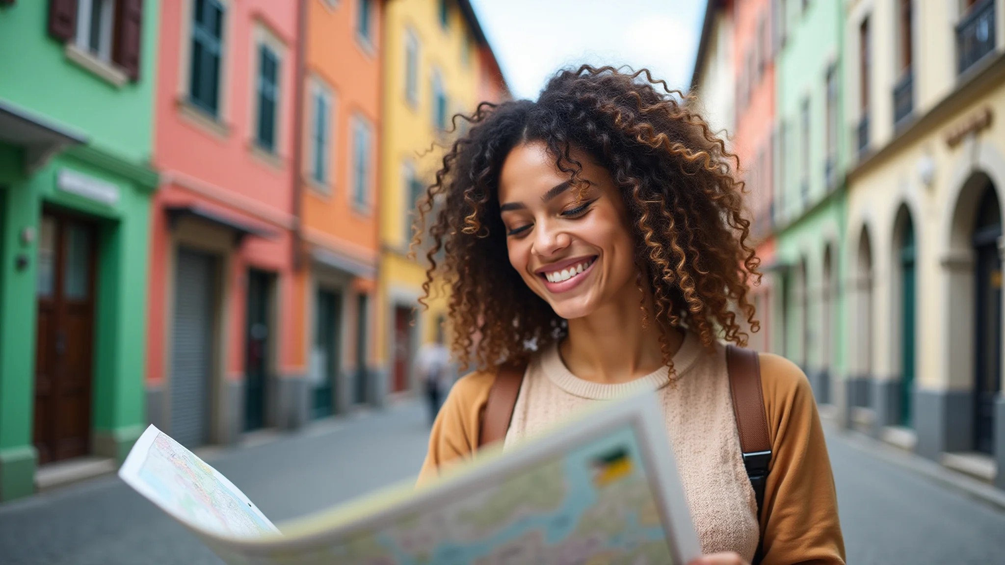 Jovem brasileira sorrindo e consultando mapa em cidade europeia durante viagem solo.