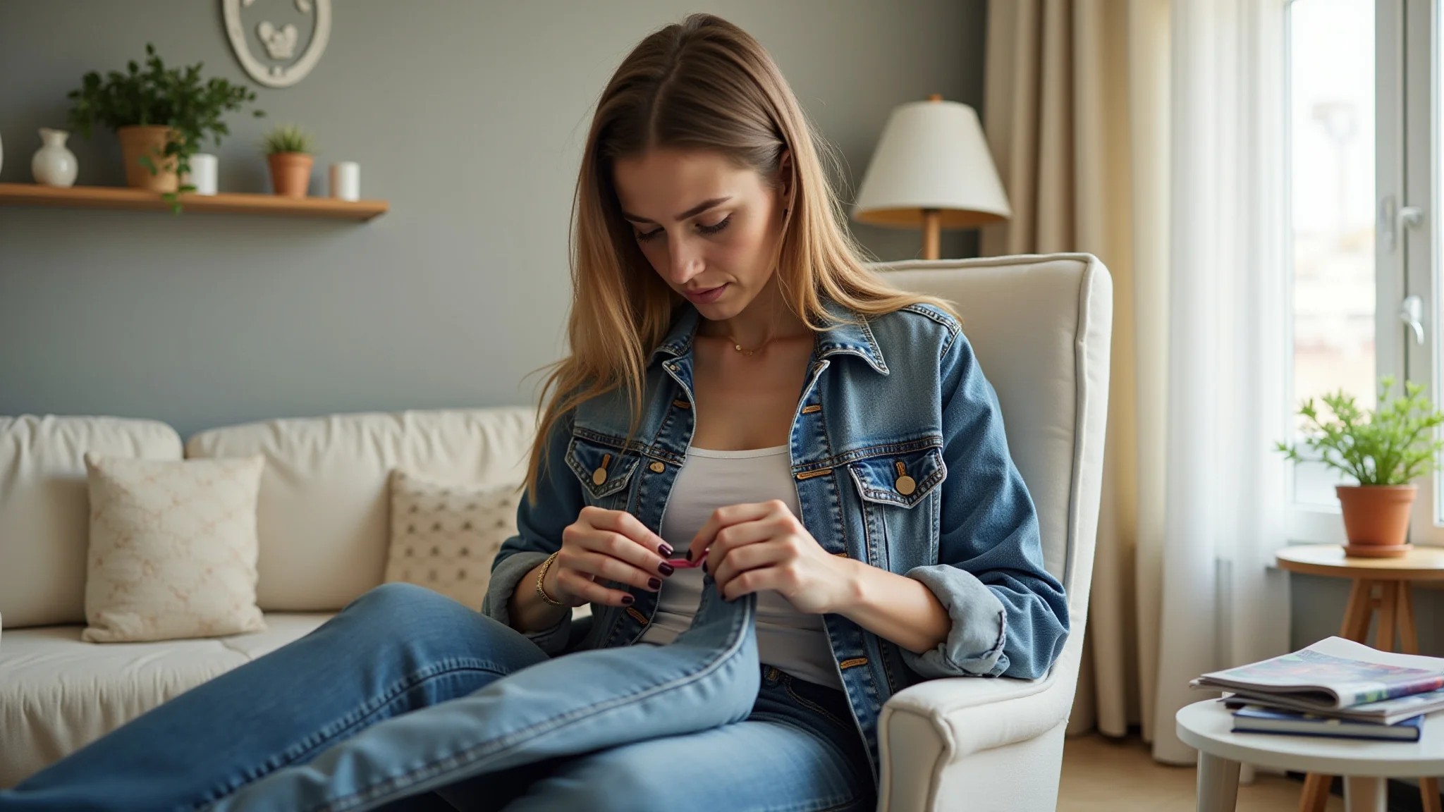 Jovem costurando um patch em uma jaqueta jeans em um apartamento brasileiro estiloso.