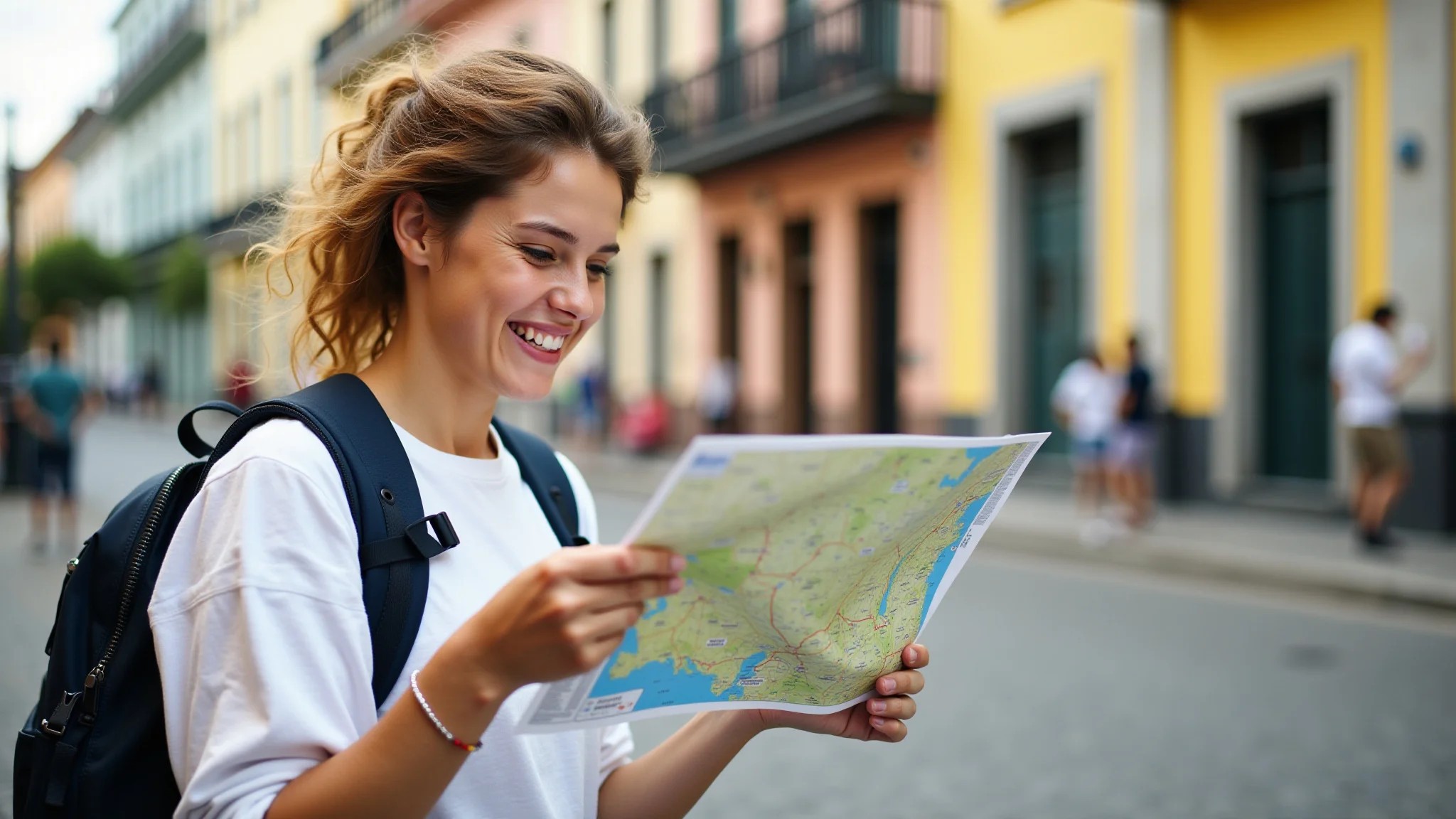 Mulher sorrindo, consultando mapa em cidade vibrante da América do Sul, viajando sozinha.