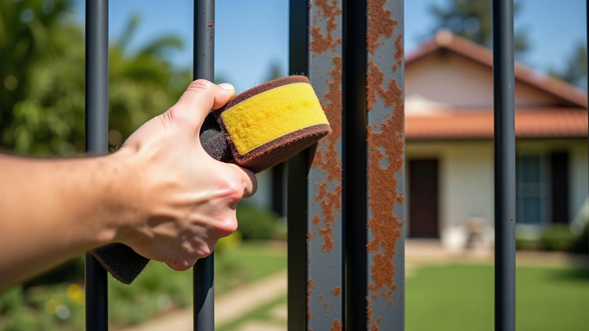 Esponja abrasiva removendo ferrugem de portão de metal em casa brasileira.