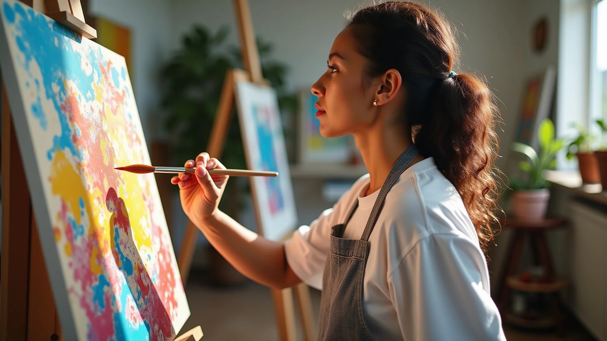 Artista brasileira pintando arte abstrata em tela com tintas acrílicas.