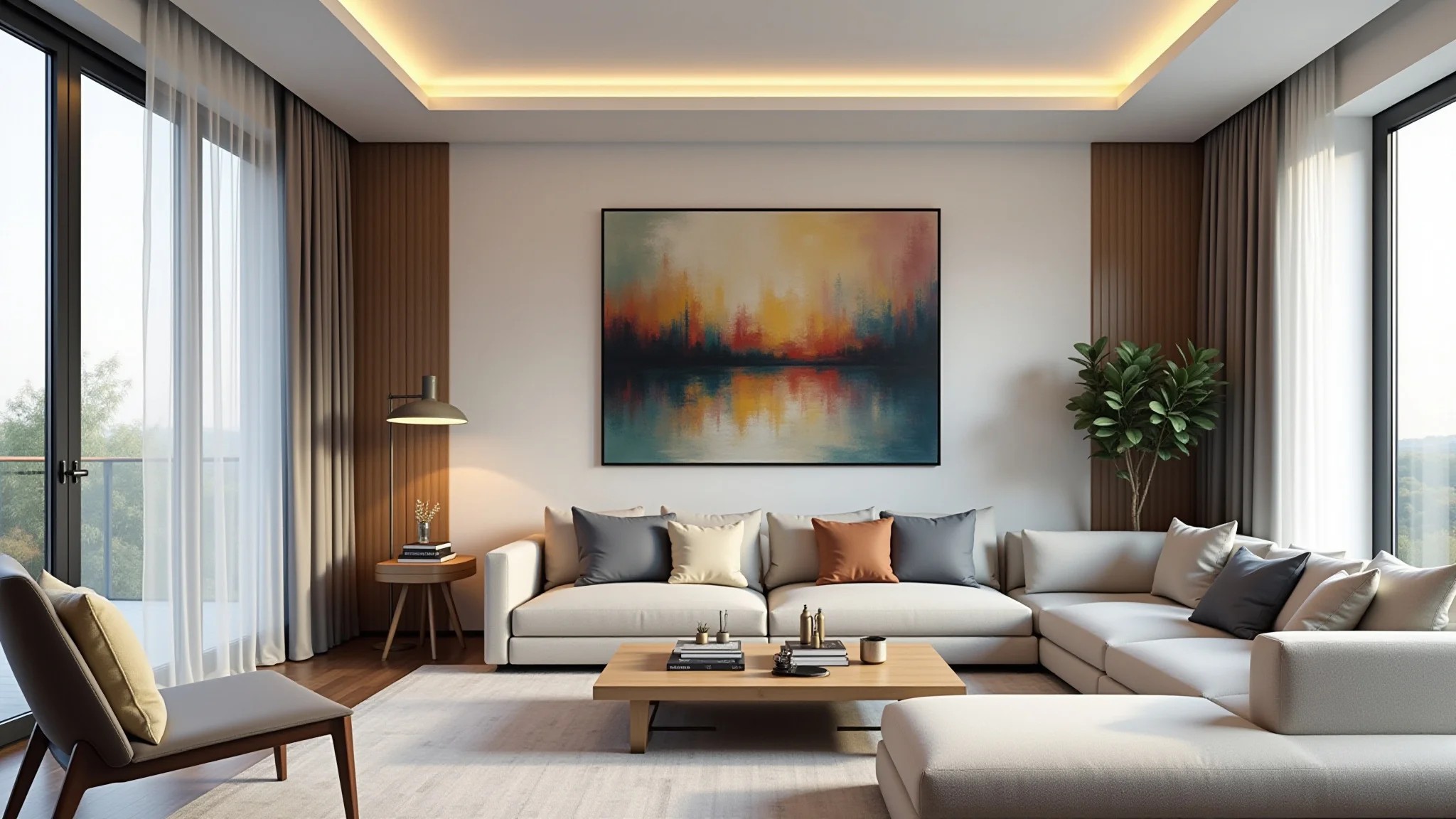 Arte abstrata complementando sala moderna em tons neutros, fotografia profissional.