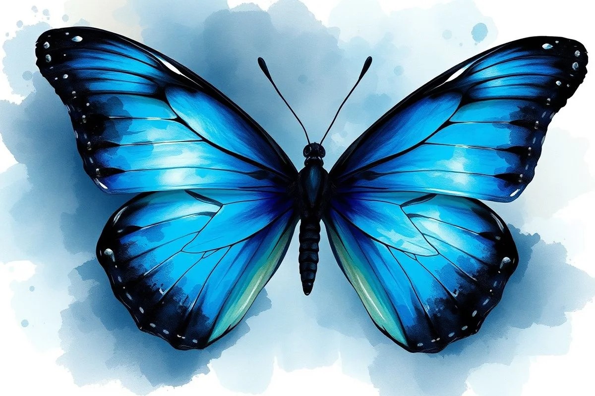 Pintura aquarela abstrata de borboleta azul e preta, representando transformação.