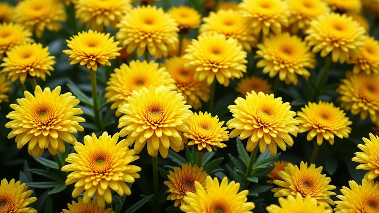 Crisântemos amarelos abundantes em jardim florido.