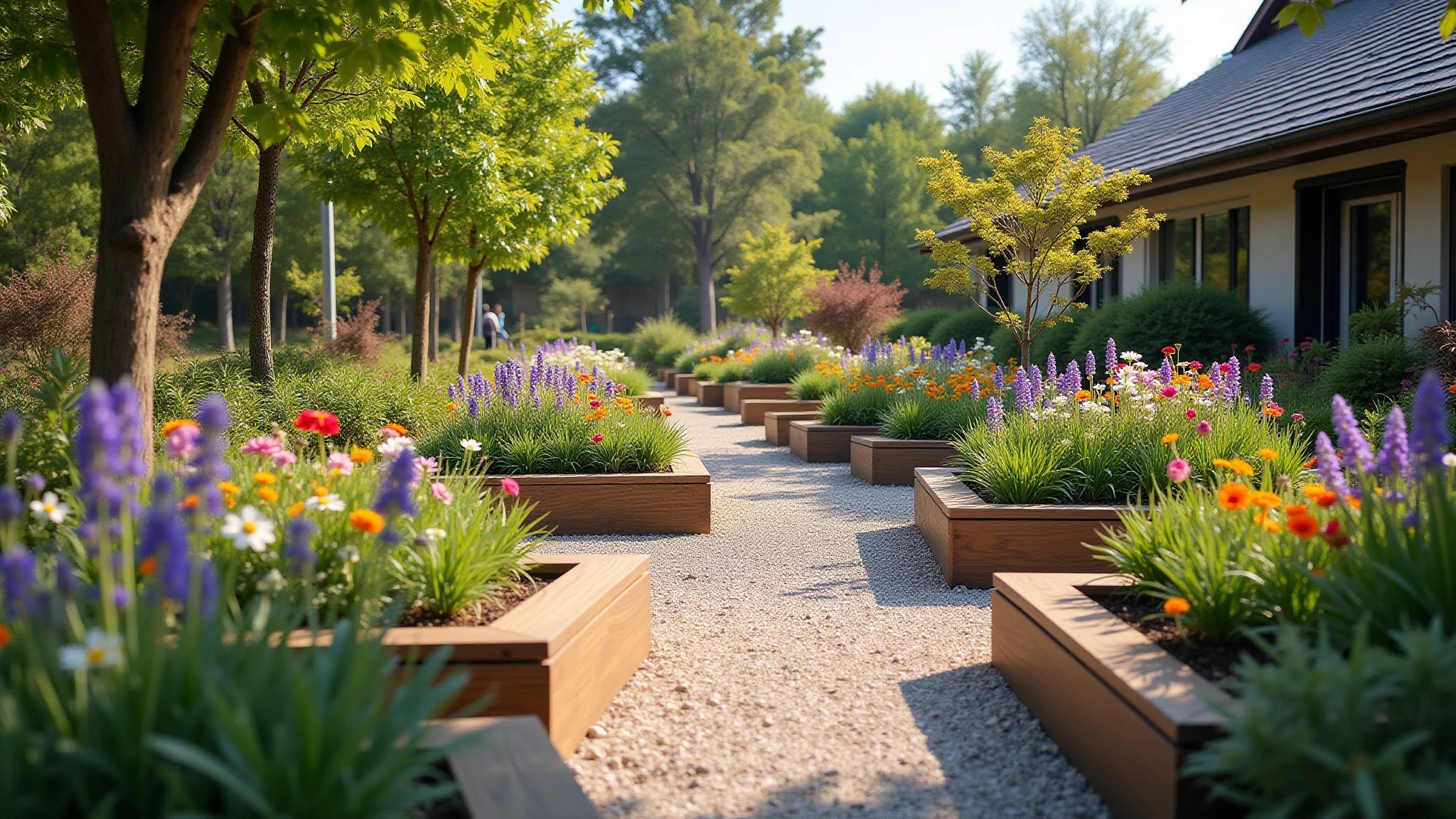 Jardim sensorial acessível com canteiros elevados, caminhos texturizados e flores perfumadas, promovendo inclusão.