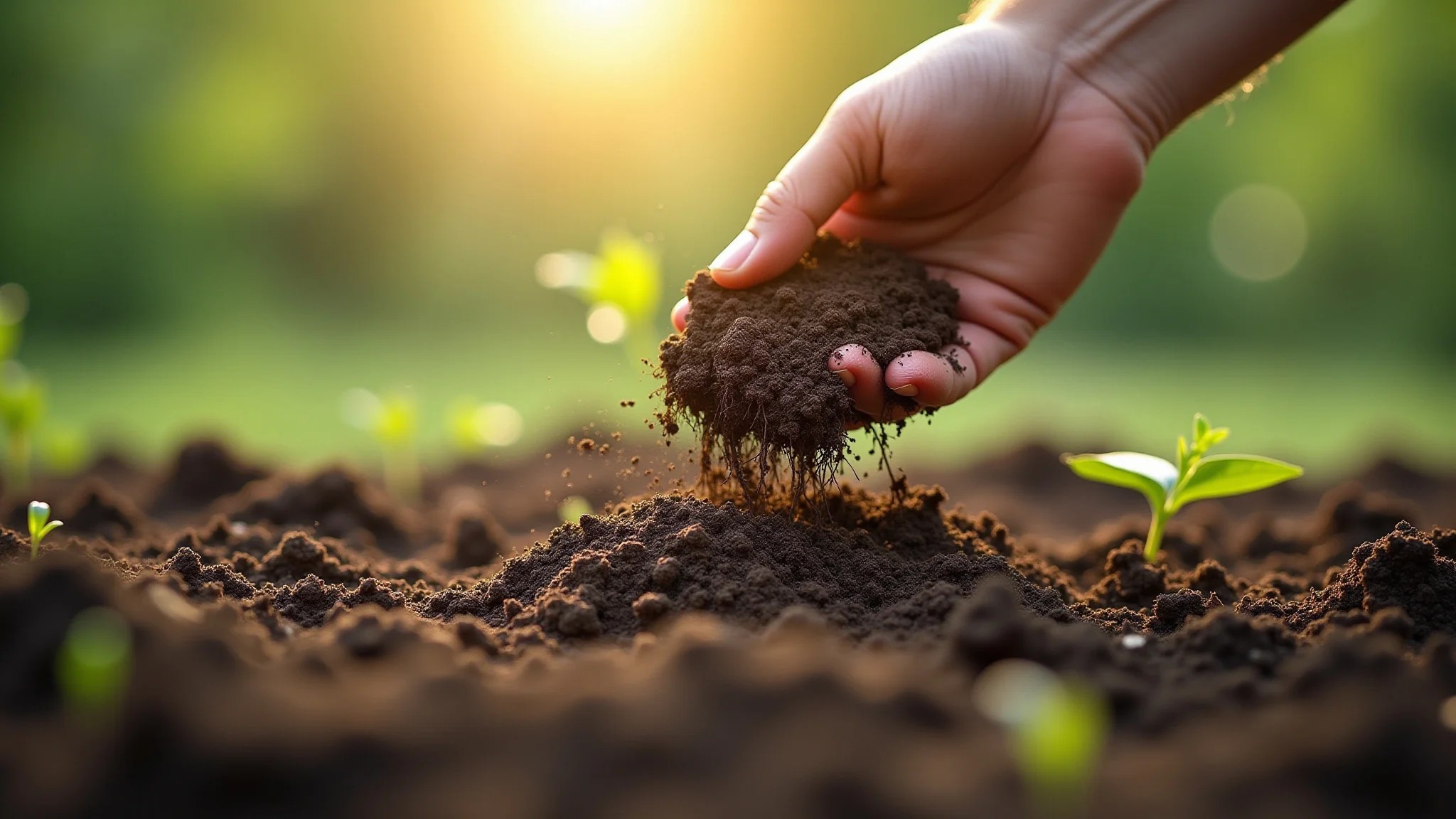 Adicionando composto orgânico ao solo, preparando para o plantio, com luz solar.