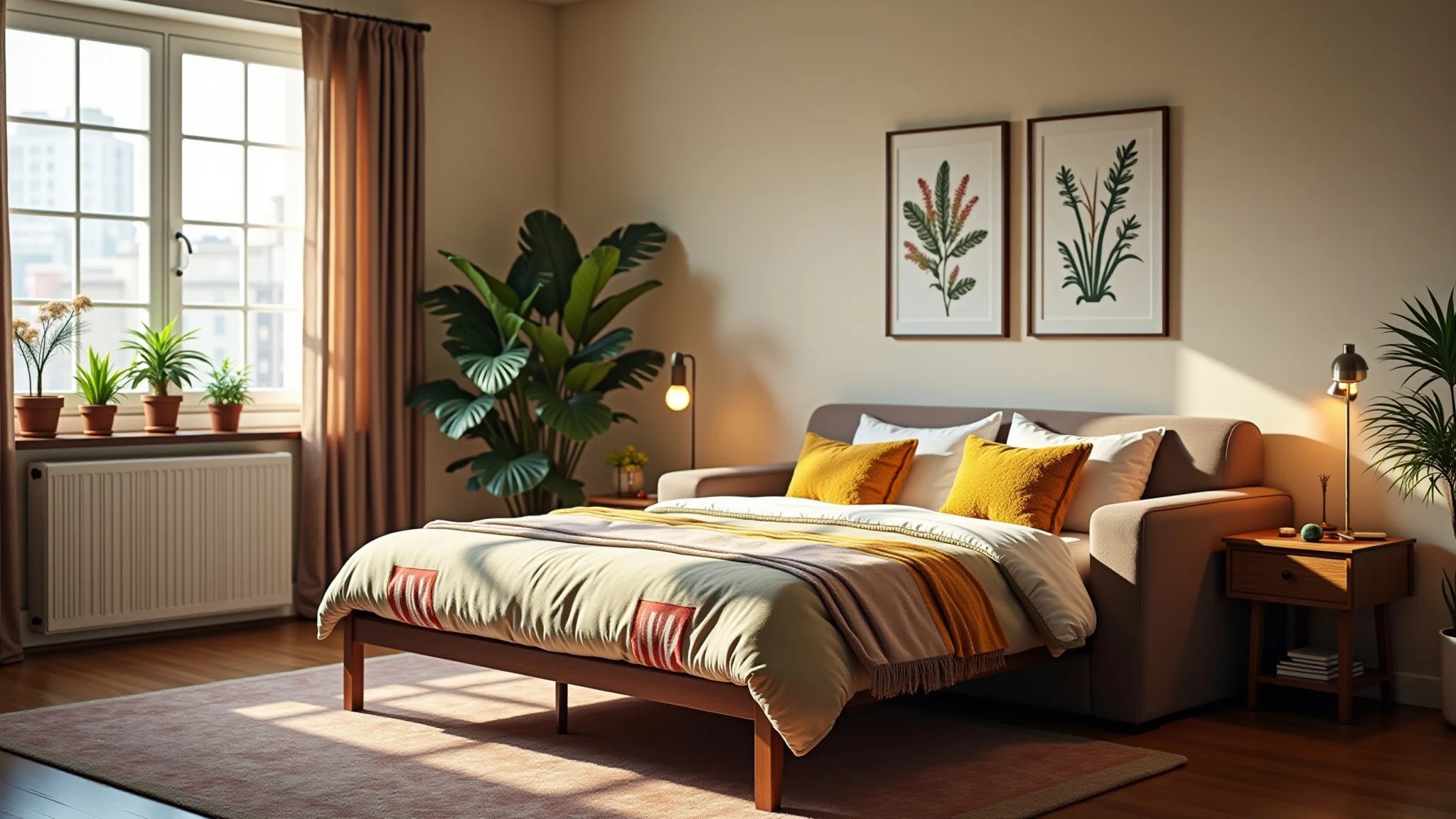 Quarto de hóspedes com sofá-cama aberto, roupa de cama colorida em estilo brasileiro.