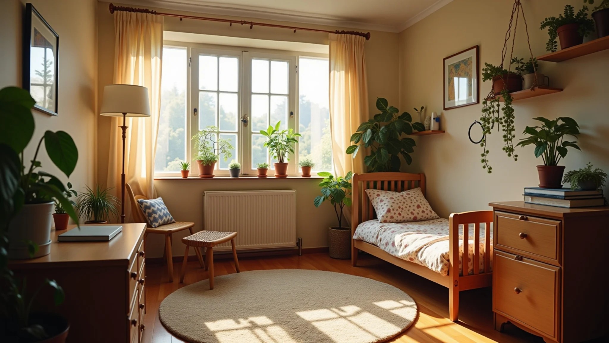 Quarto de adolescente estético com móveis vintage, plantas e luz suave.