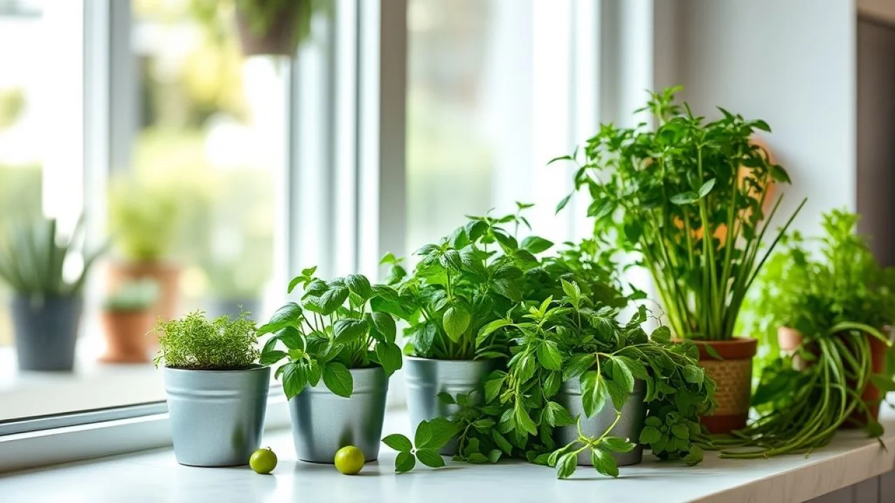 Aesthetically arranged small pots with various herbs (basil, mint, chives) on a bright kitchen Pequenos vasos com ervas aromáticas (manjericão, hortelã) em janela de cozinha brasileira.