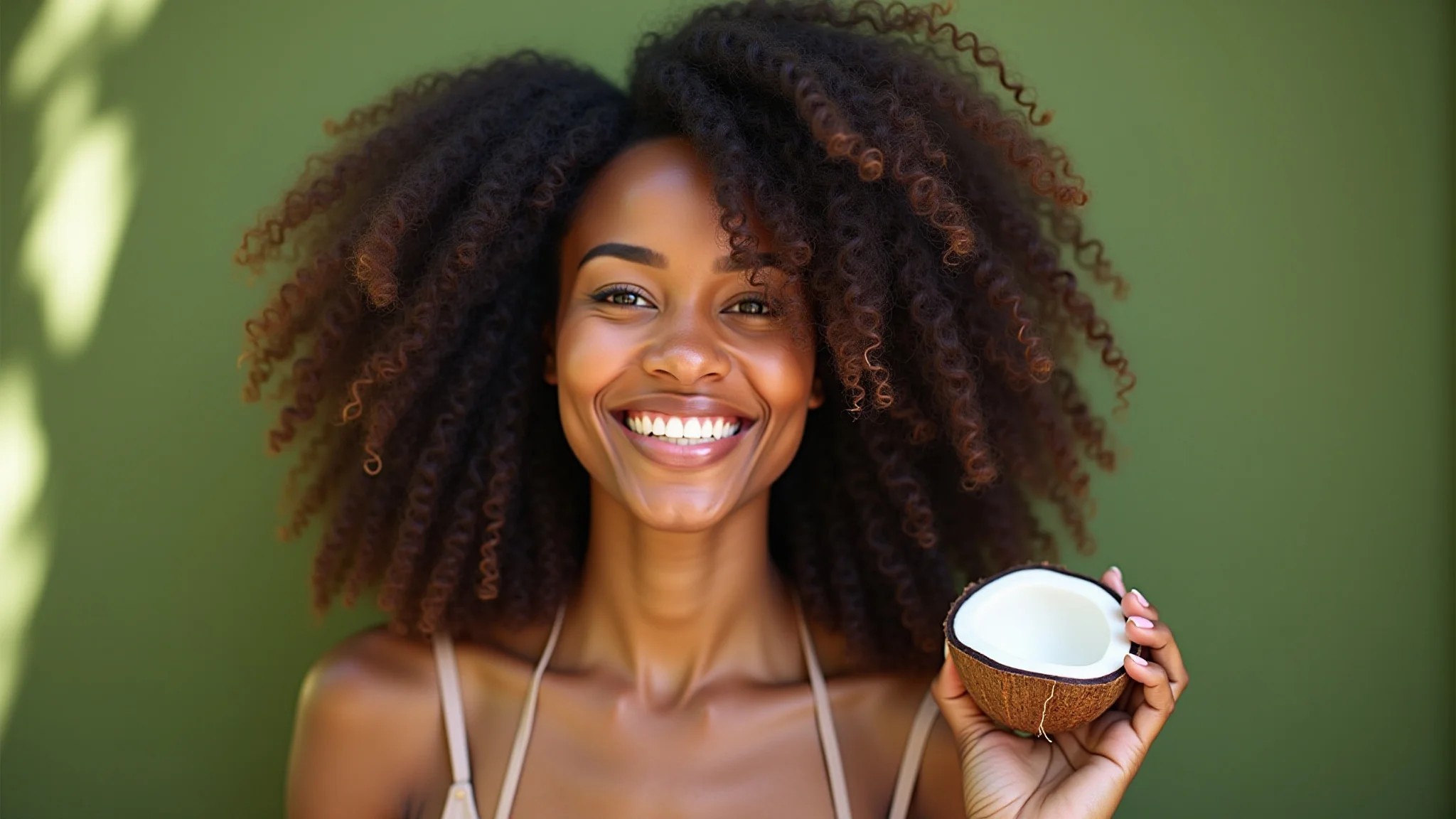 Mulher afro-brasileira sorrindo com cabelo saudável e óleo de coco.