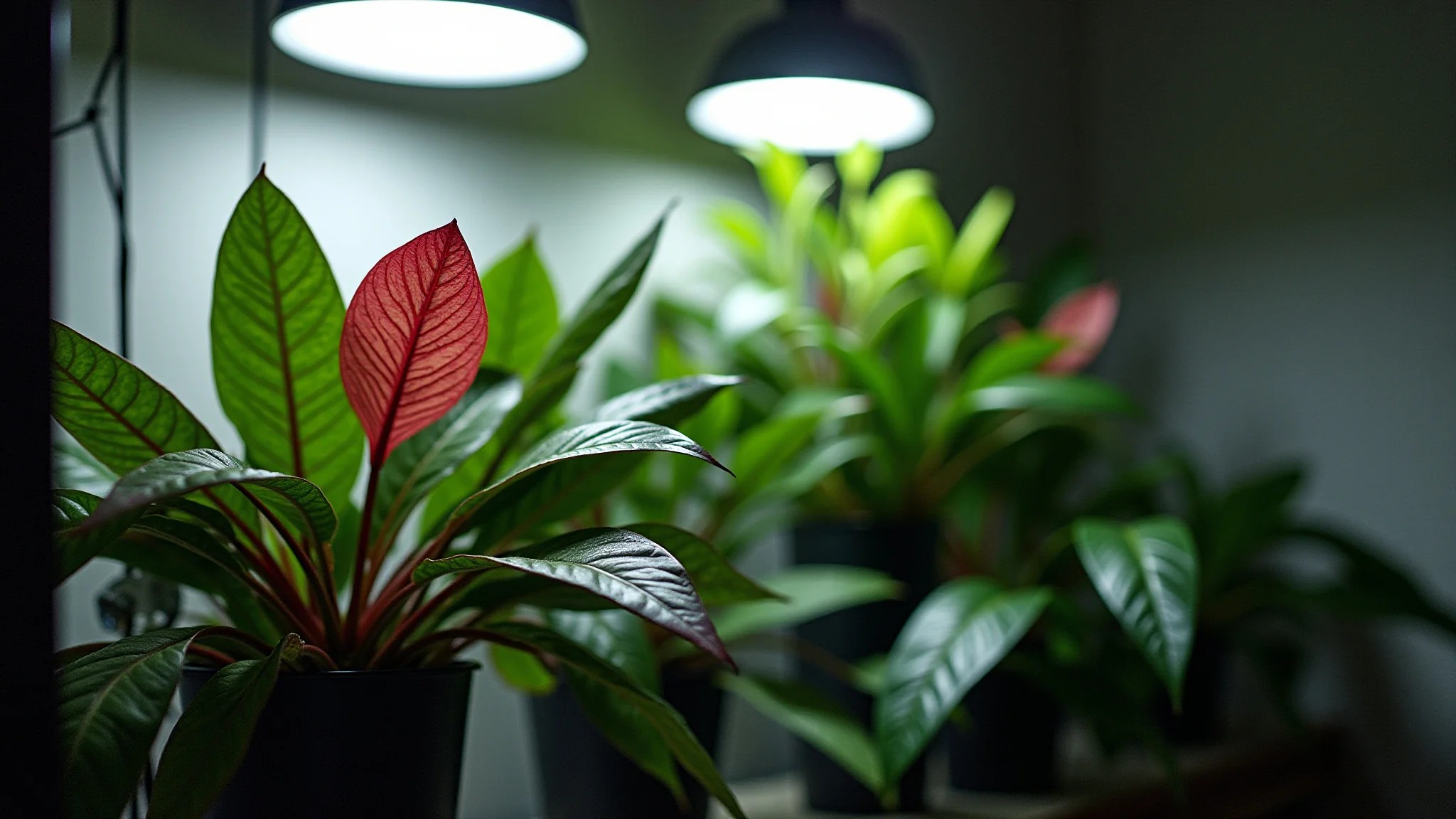 Aglaonema colorida em banheiro sem janela, iluminação LED.