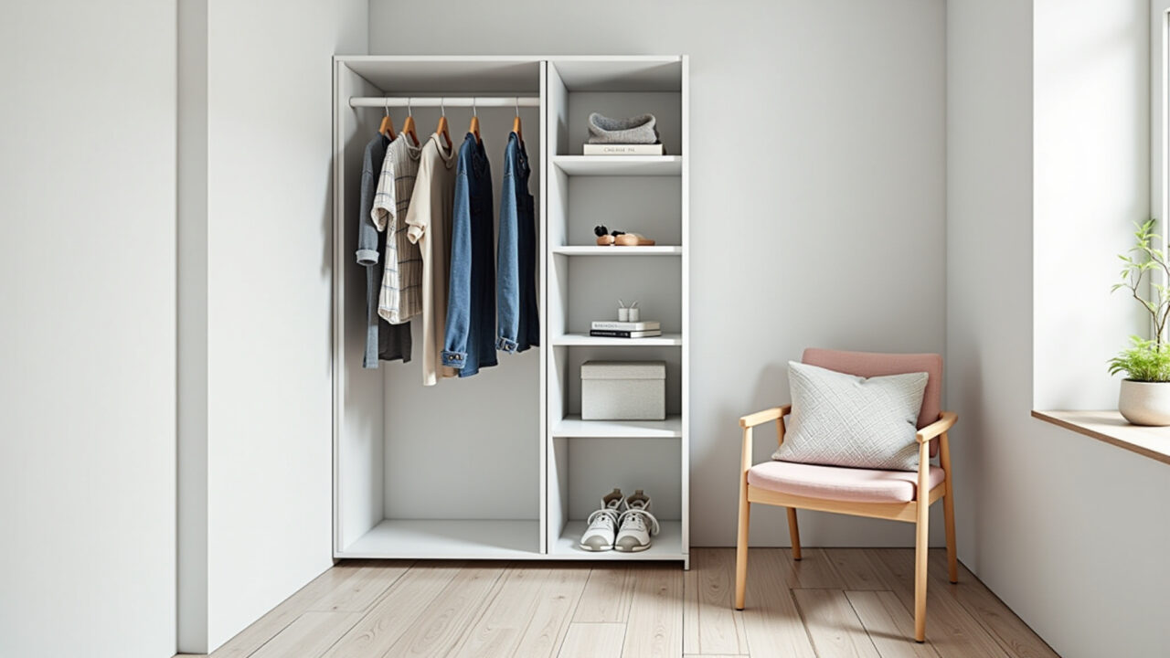 Organizador de closet com perfis de alumínio em estilo minimalista.