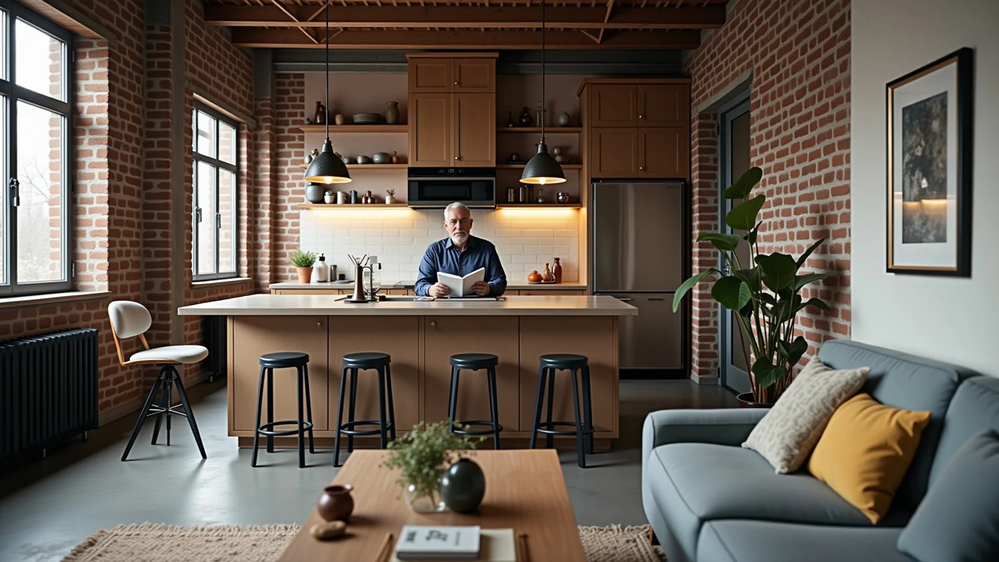 Homem lendo em sala integrada à cozinha americana com estilo industrial.