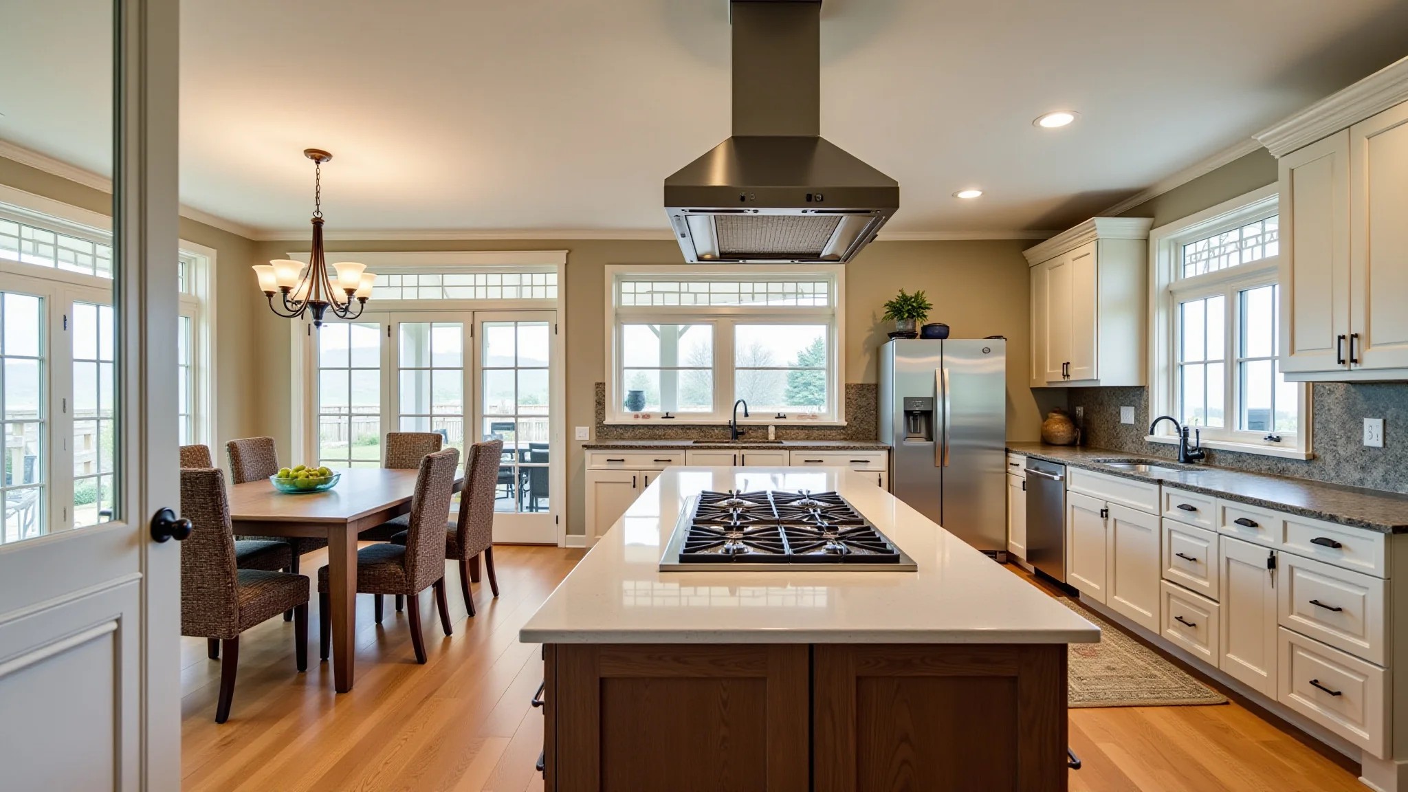Cozinha americana com ilha central, cooktop e espaço para refeições.
