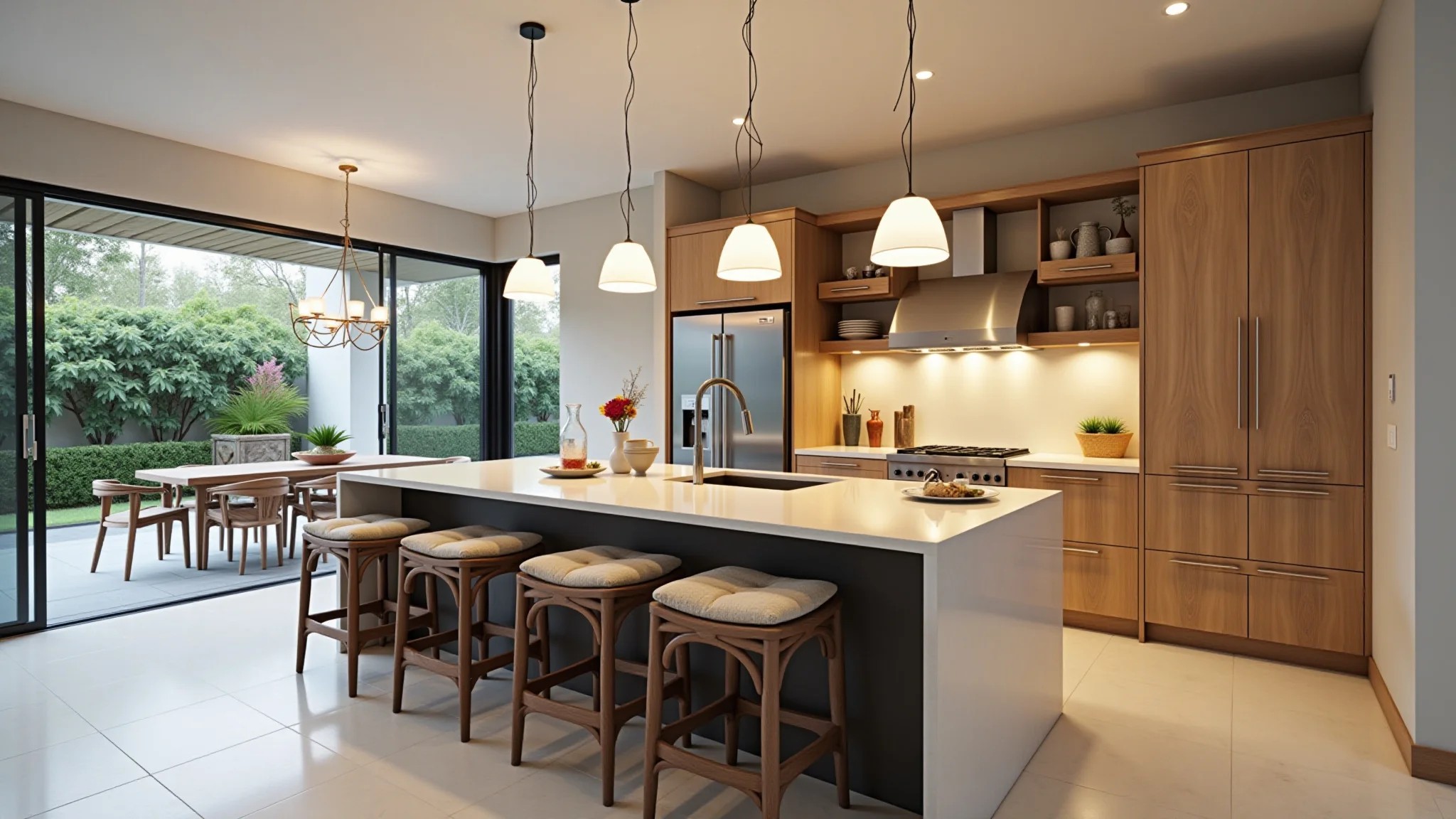 Cozinha americana com ilha central, luminárias pendentes, área de jantar integrada.