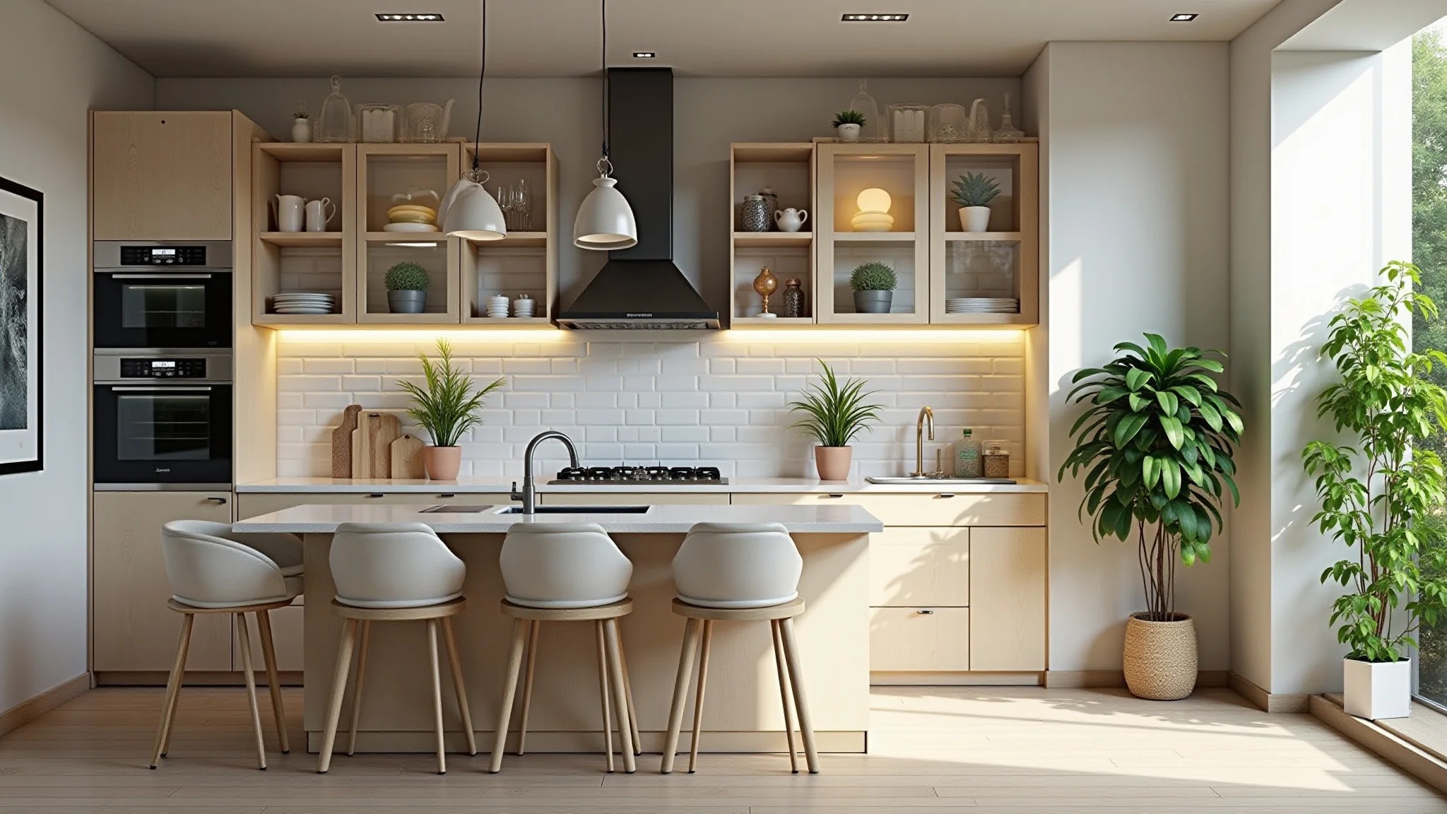 Cozinha americana com detalhes decorativos e plantas.