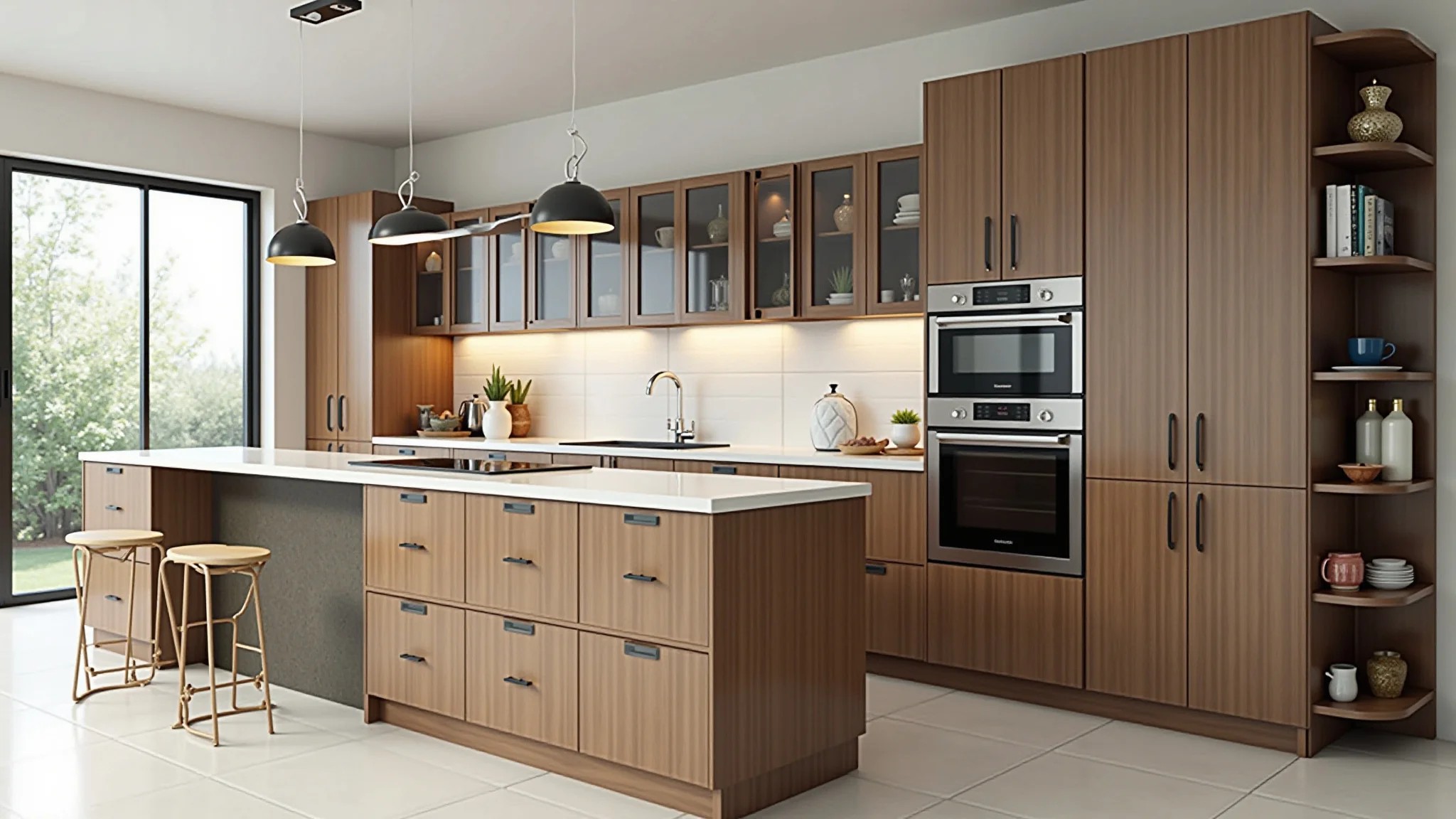 Cozinha americana com armários modulados otimizando o espaço.