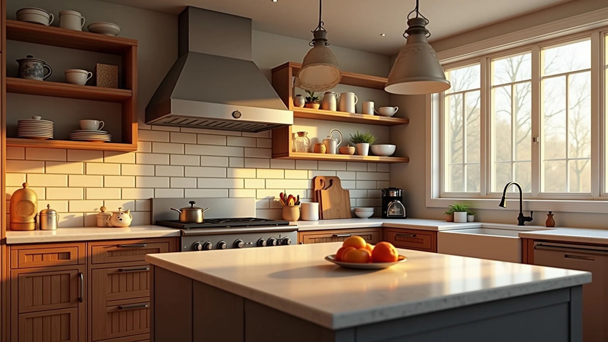 Cozinha americana com iluminação planejada para ambiente agradável.