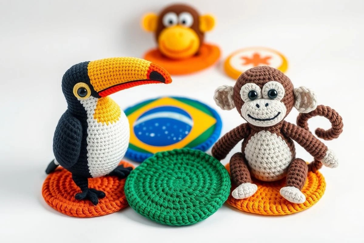 Porta copos de crochê em formato de animais brasileiros (amigurumi)