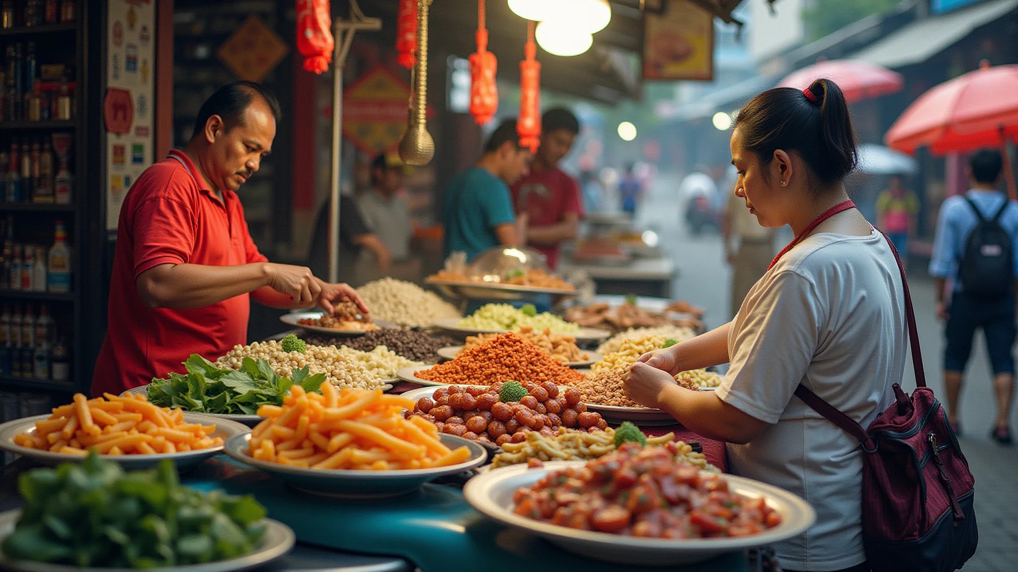 Visão aérea de um mercado de rua asiático, mostrando comida local barata e deliciosa.