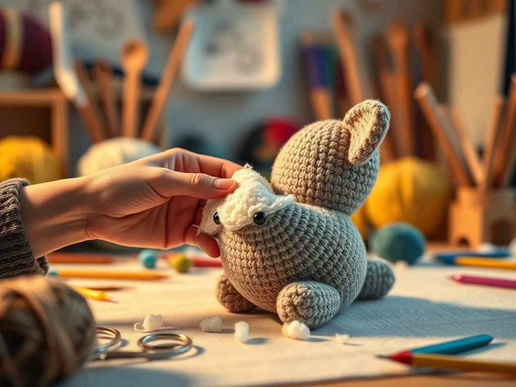 Imagem mostrando o processo de enchimento e montagem de um amigurumi, com mãos preenchendo com fibra siliconada e partes costuradas ao fundo.
