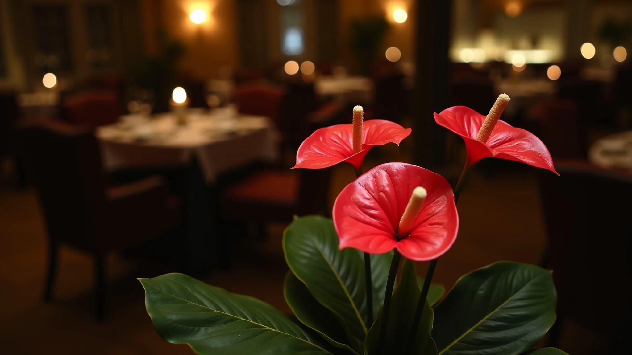 Antúrio com flores vermelhas em sala de jantar com pouca luz, ambiente elegante.