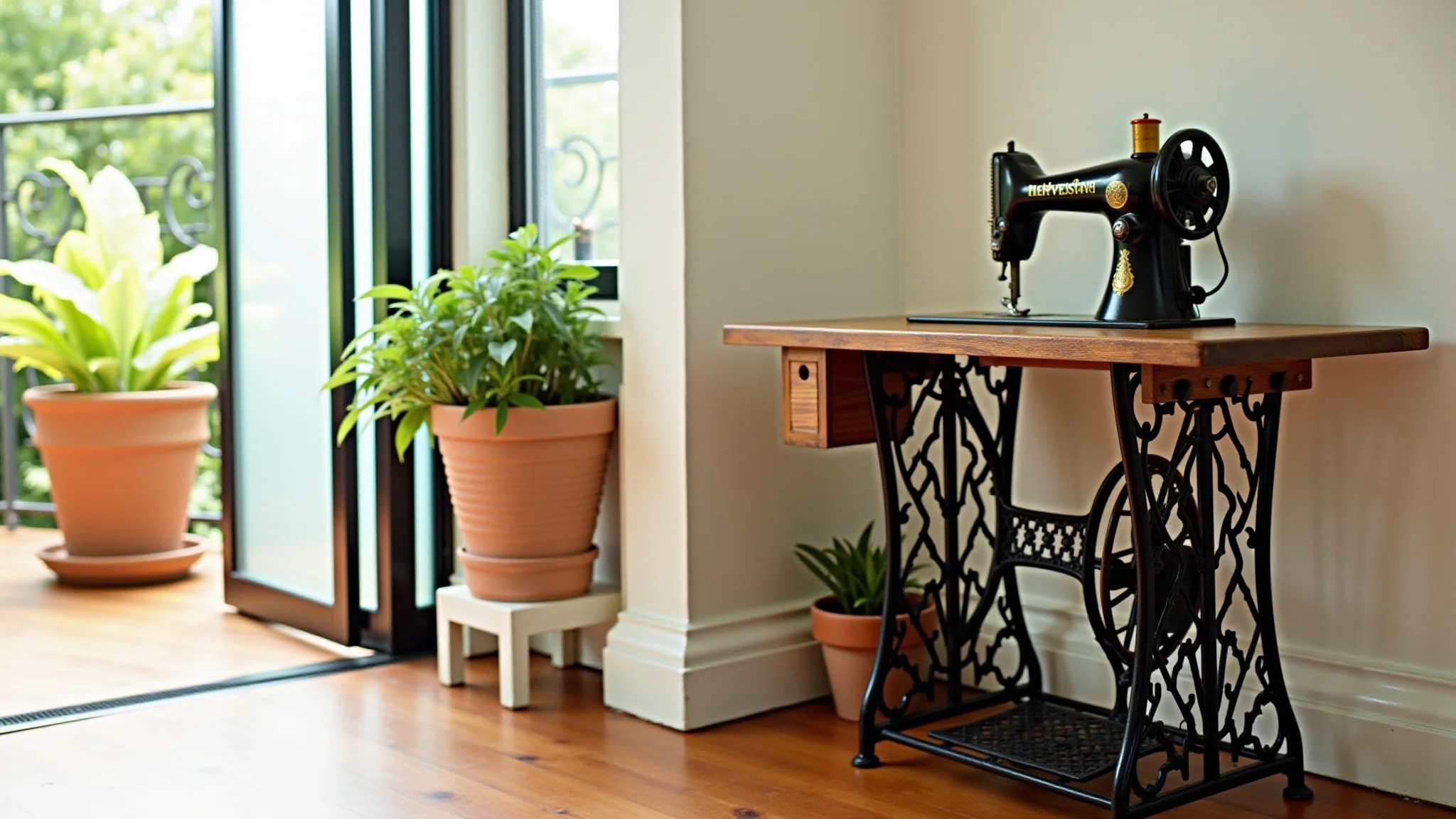 Máquina de costura antiga reutilizada como mesa lateral, plantas, iluminação brilhante.