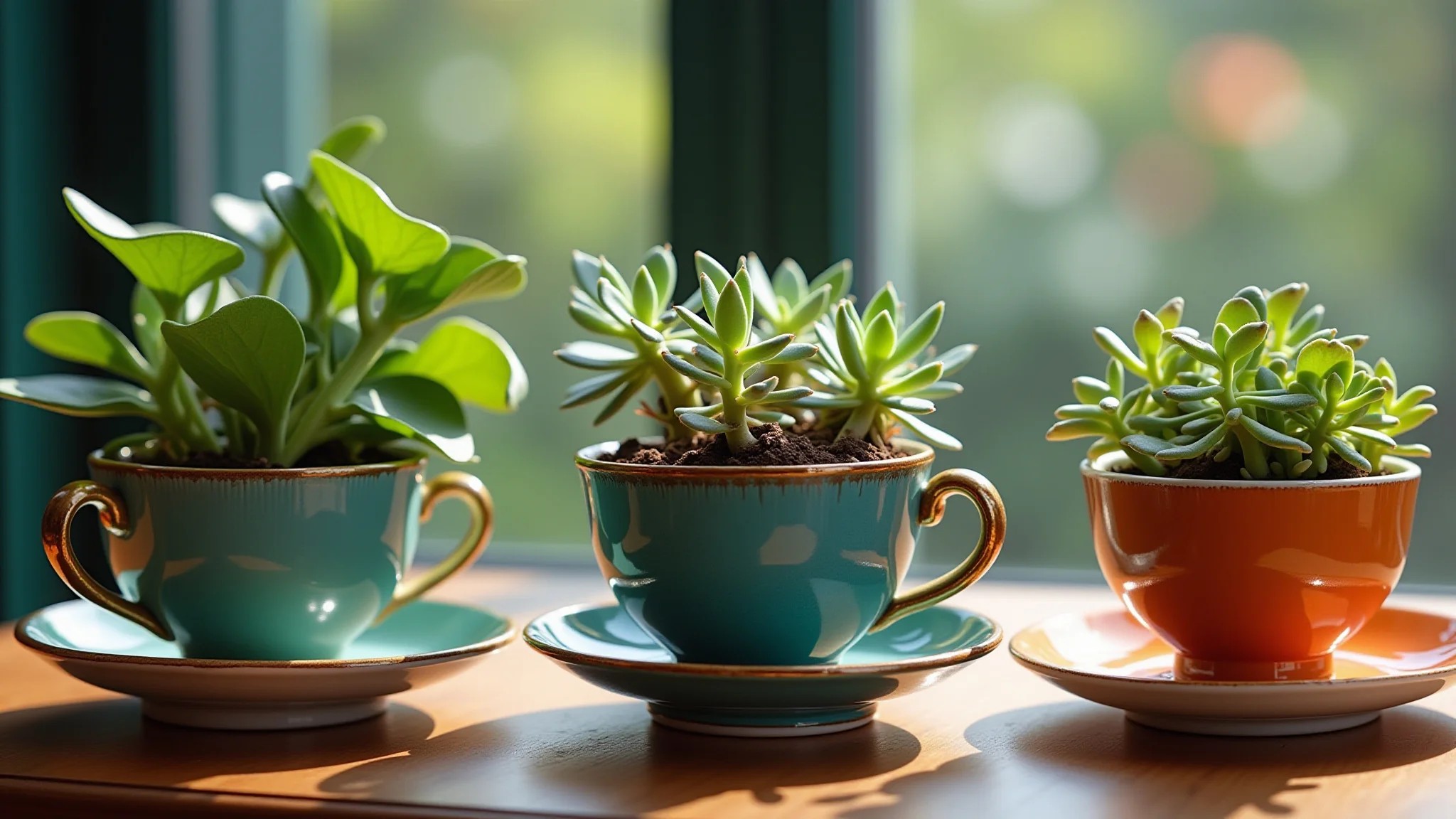 Xícaras de chá antigas como vasos de plantas, iluminação brilhante, design brasileiro.