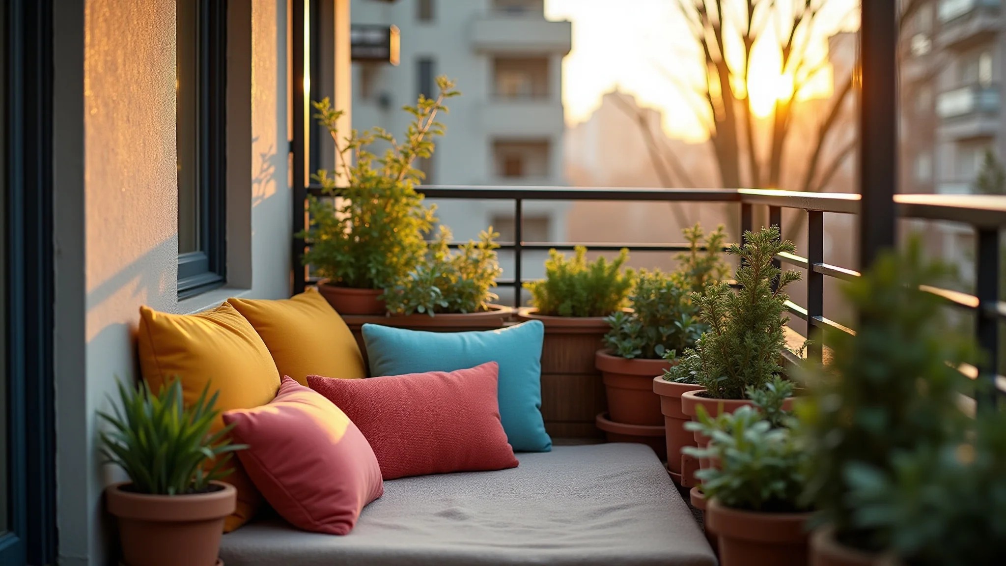 Varanda de apartamento com jardim urbano e almofadas coloridas.
