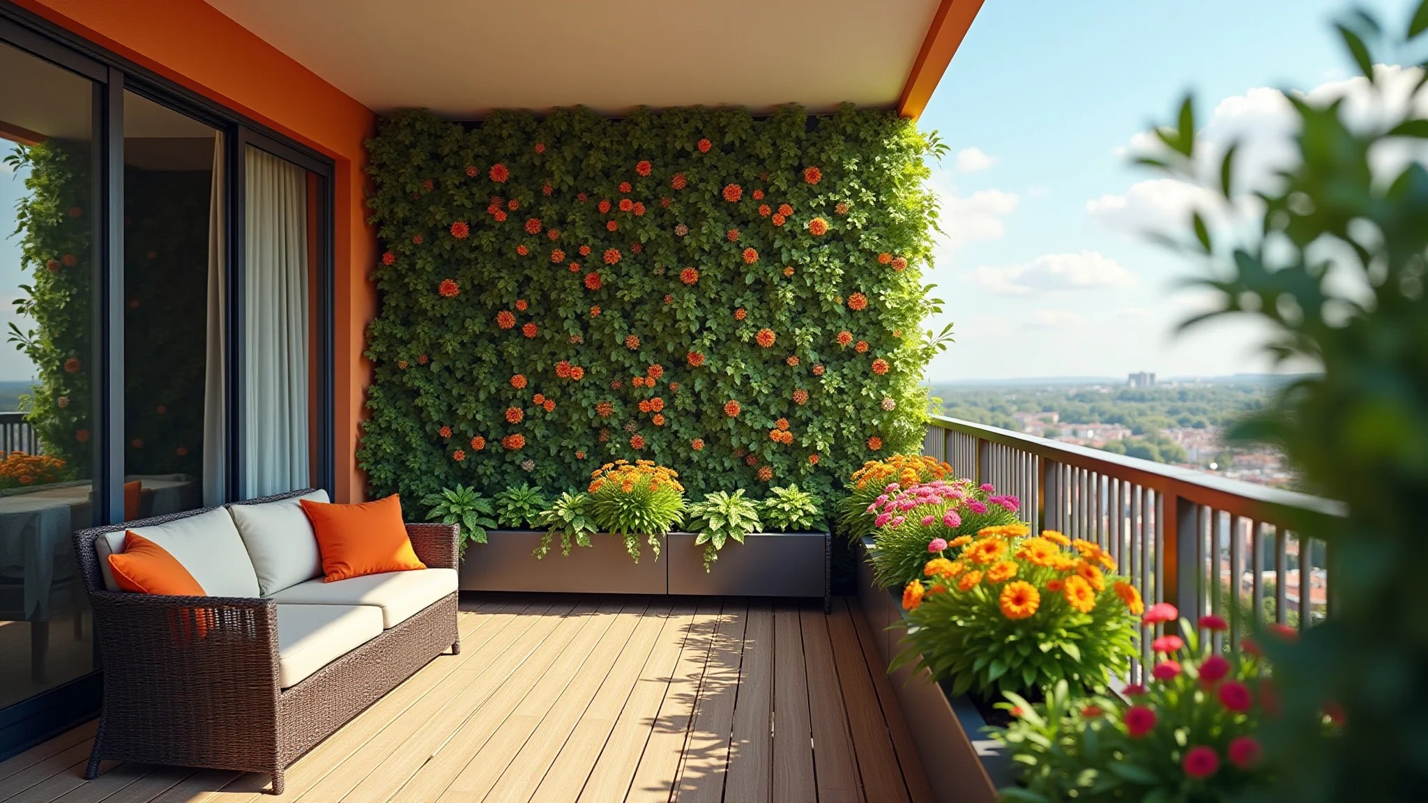Varanda de apartamento com jardim vertical florido e assentos aconchegantes.
