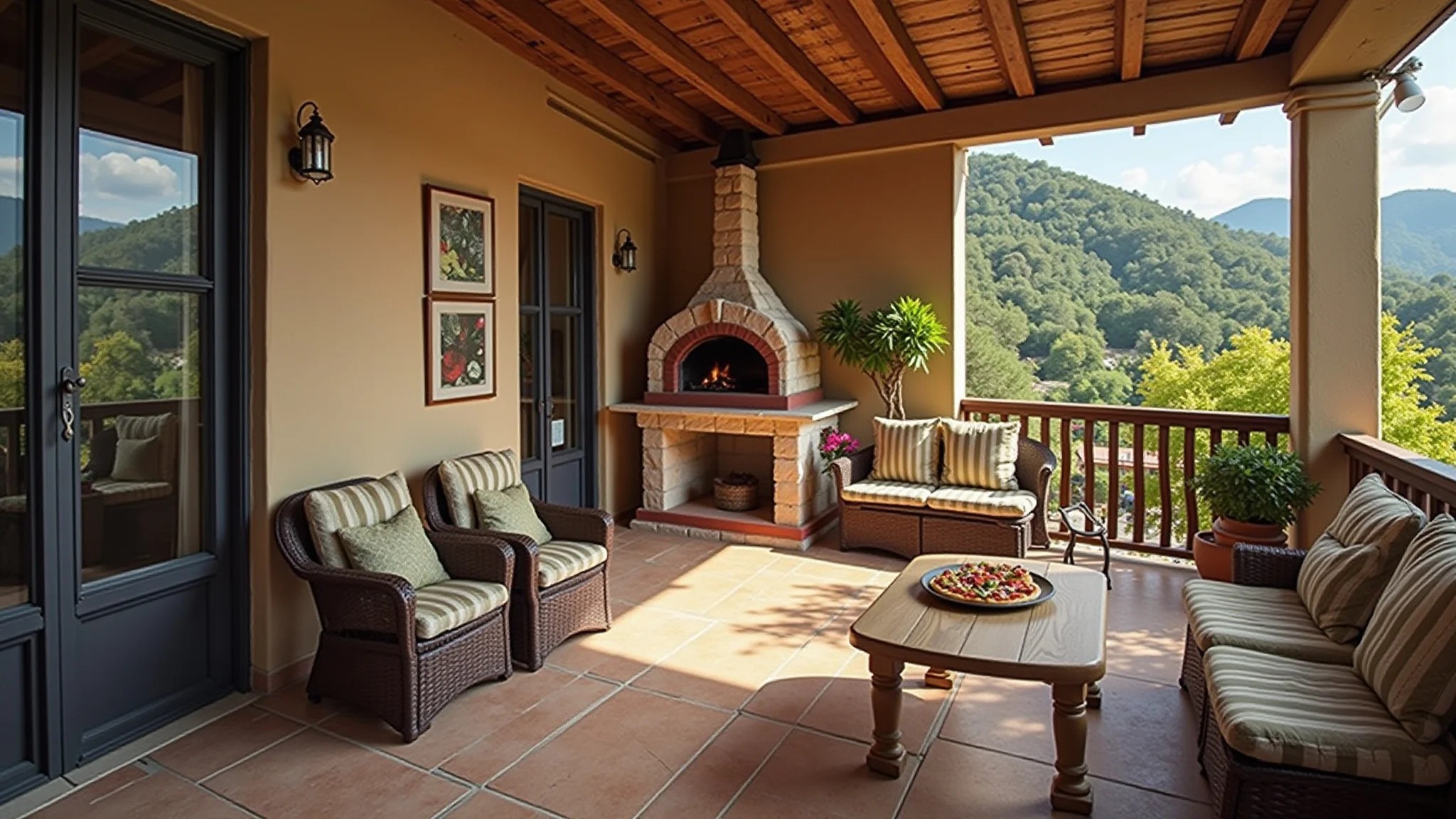 Varanda de apartamento com forno de pizza e design rústico.