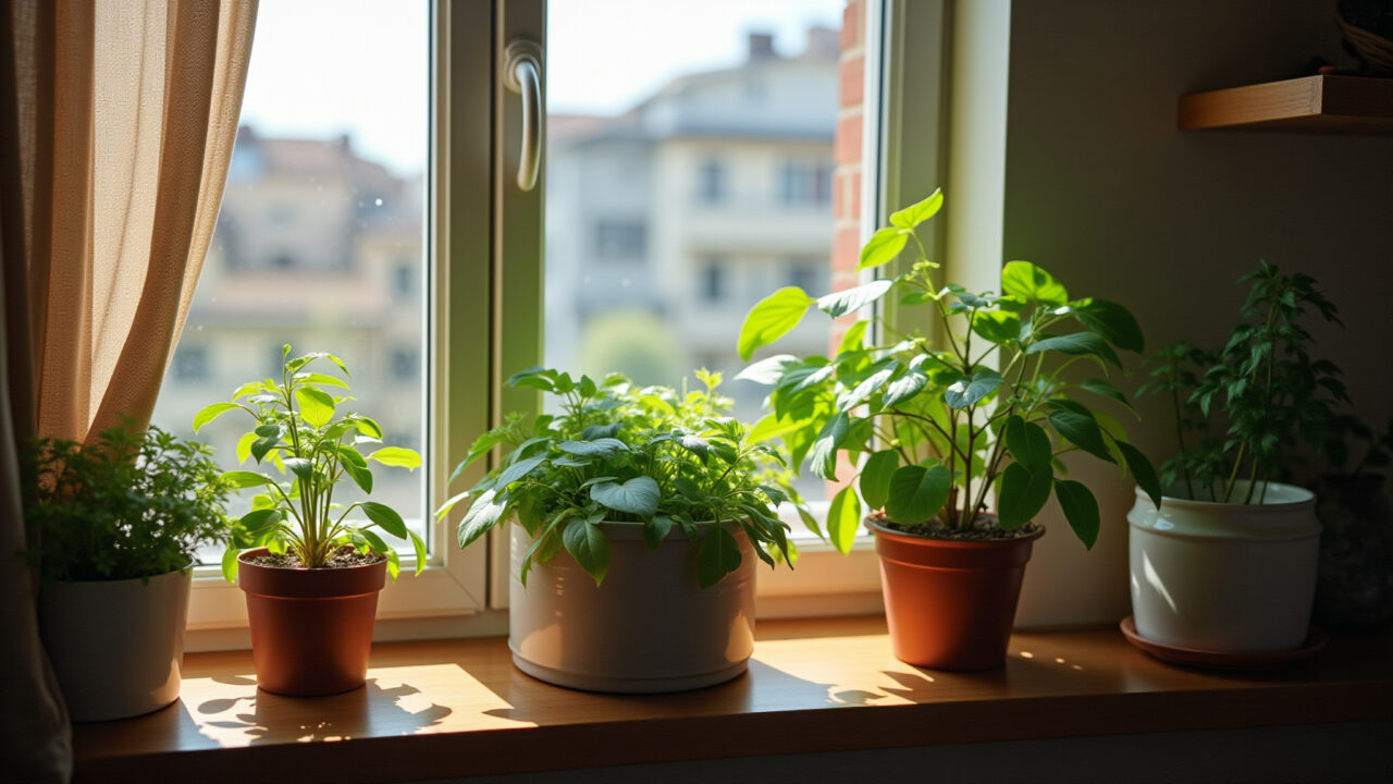 Varanda de apartamento com plantas em diferentes espaços.