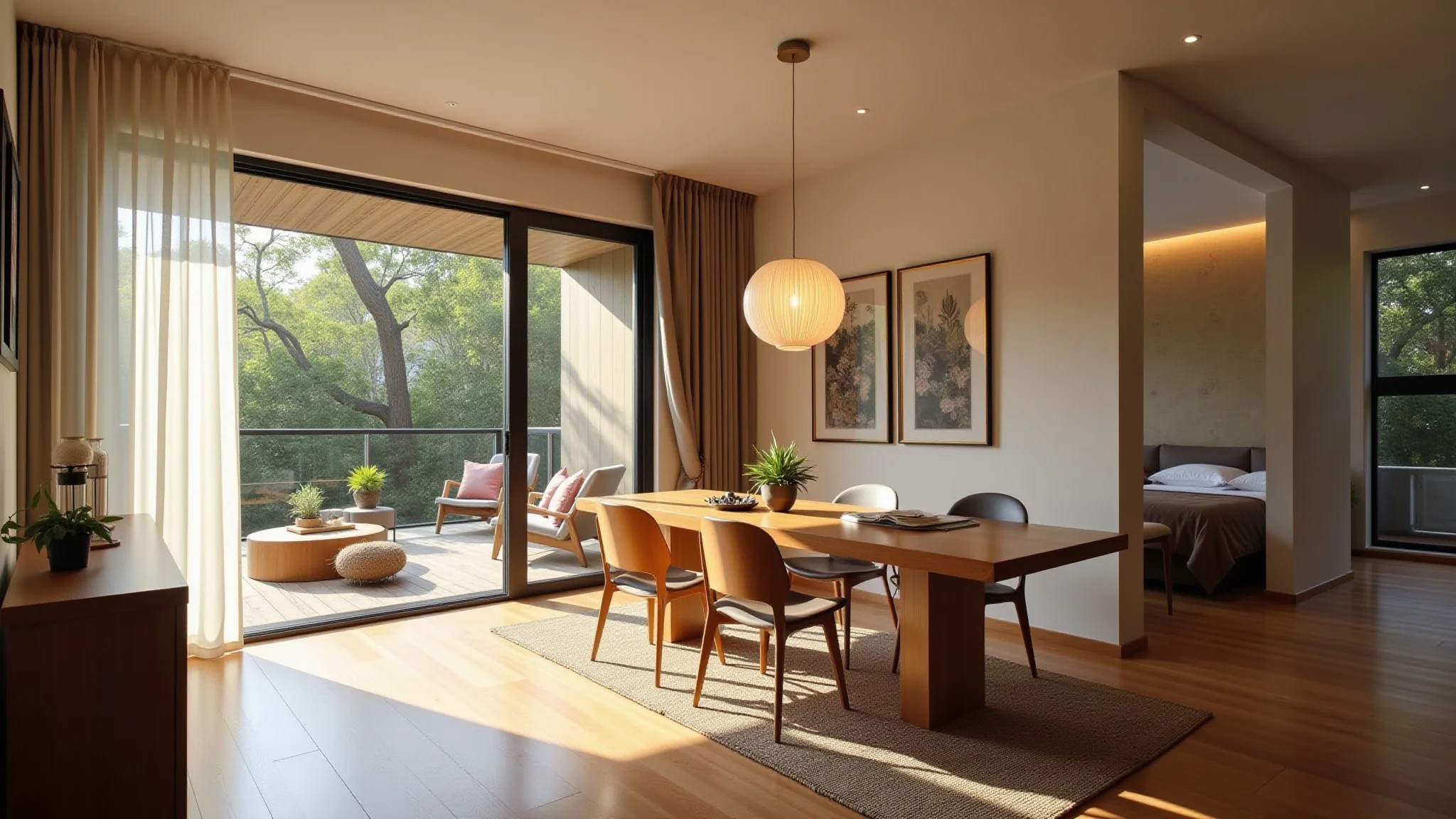Sala de jantar integrada com sala de estar, design coeso e luz natural suave.