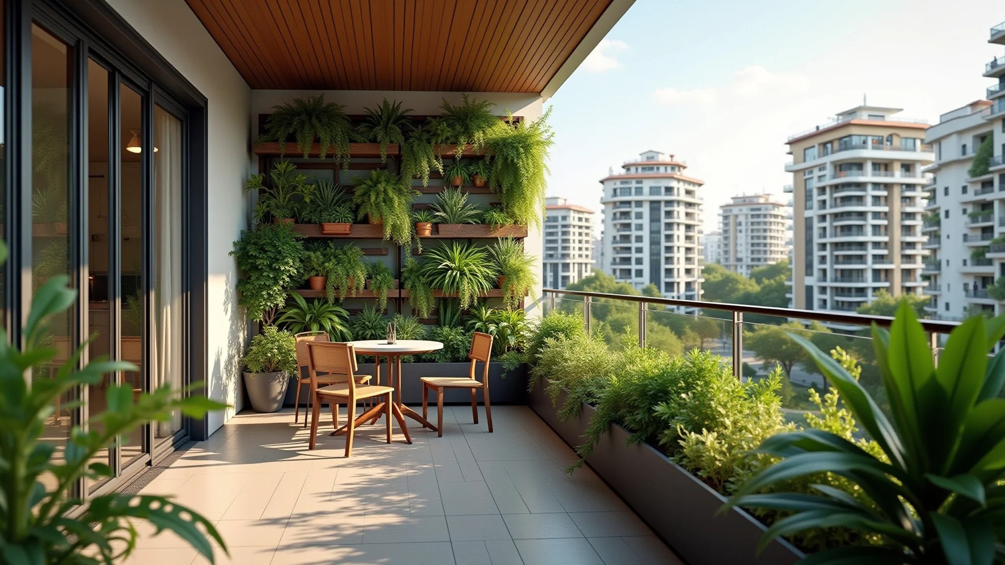 Varanda gourmet com jardim vertical e plantas brasileiras.